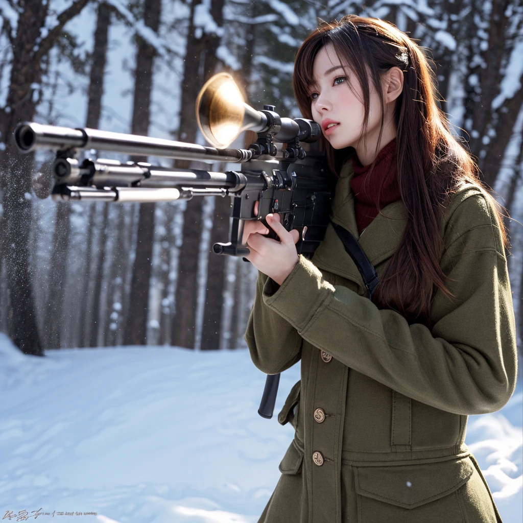 Hunting girl with rifle in combat pose in the snow,Oriental,Blade and Soul,Ink Style,Long Red Hair,leather and fur coat,cold,Avoid bullets,artwork,3D,4K,detailed,Realistic