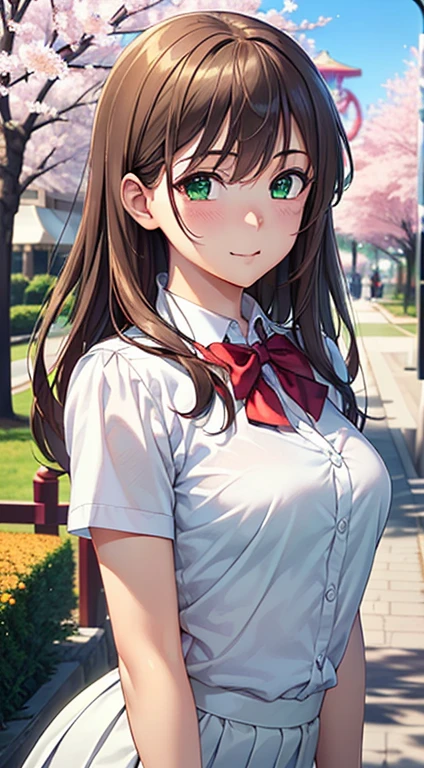 ((masterpiece, highest quality, High resolution, Hyper HD, Pixel perfect, Depth of written boundary, 4K, RTTX 10.0, High resolution))), One girl, single, alone, Beautiful Anime Girls, Beautiful art style, Anime Figures, ((Long Hair, bangs, Brown Hair, Curly Hair:0.8)), ((Green Eyes:1.4, Round eyes, Beautiful eyelashes, Realistic eyes)), ((Detailed face, Blushing:1.2)), ((Smooth texture:0.75, Realistic texture:0.65, Realistic:1.1, Anime CG Style)), Medium chest, Dynamic Angle, Perfect body, ((viewing angle, Dynamic pose, Portraiture)), ((Red bow tie, , white thin short shirt, Thin skirt in white)), smile, Open your mouth, amusement park, ((Cherry tree, Cherry blossoms fall)), Natural light, Bright sky, sunlight