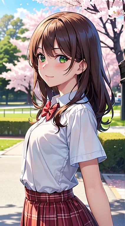 ((masterpiece, highest quality, High resolution, Hyper HD, Pixel perfect, Depth of written boundary, 4K, RTTX 10.0, High resolution))), One girl, single, alone, Beautiful Anime Girls, Beautiful art style, Anime Figures, ((Long Hair, bangs, Brown Hair, Curly Hair:0.8)), ((Green Eyes:1.4, Round eyes, Beautiful eyelashes, Realistic eyes)), ((Detailed face, Blushing:1.2)), ((Smooth texture:0.75, Realistic texture:0.65, Realistic:1.1, Anime CG Style)), Medium chest, Dynamic Angle, Perfect body, ((viewing angle, Dynamic pose, Portraiture)), ((Red bow tie, , white thin short shirt, Thin skirt in white)), smile, Open your mouth, amusement park, ((Cherry tree, Cherry blossoms fall)), Natural light, Bright sky, sunlight
