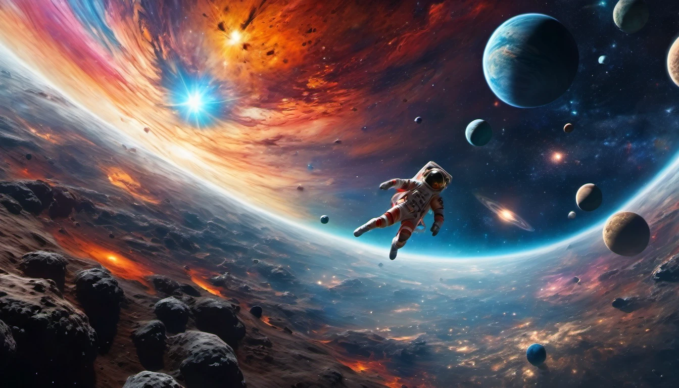 magical diving into the space,space exploration,deep universe,interstellar journey,astronaut floating in zero gravity,vibrant colors,galactic scenery,nebula clouds and stars,cosmic dust and particles,stellar explosions,beautifully illuminated planets,celestial bodies from distant galaxies,spectacular comets and meteor showers,immersive and awe-inspiring space adventure,(best quality,4k,8k,highres,masterpiece:1.2),ultra-detailed,(realistic,photorealistic,photo-realistic:1.37),HDR,UHD,studio lighting,ultra-fine painting,sharp focus,physically-based rendering,extreme detail description,professional,horror,sci-fi