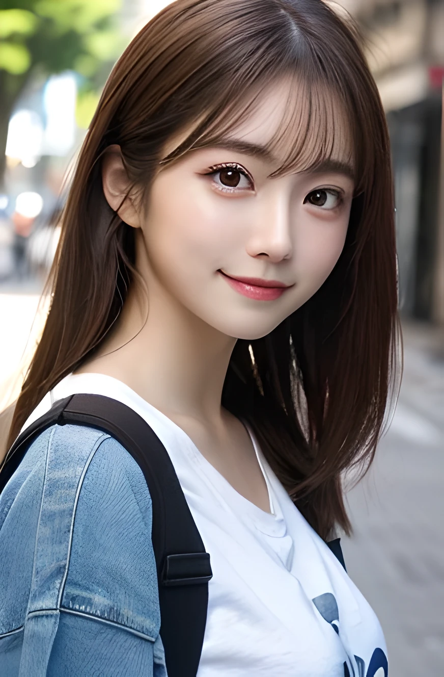 (top-quality,8K picture quality,​masterpiece:1.3,),(super high resolution:1.3,Photorealsitic:1.4,Raw photography:1.2),(ultra-detailliert:1.2,shinny skin,Detailed skin),(Detailed face,Perfect Anatomy,Caustics),1girl,kawaii,japanese,22year old,Japanese ido,Natural brown hair,shoulder length hair,Pretty eyes, round big eyes, drooping eyes, natural make up,Oversized T-shirt,a smile,Looking at the camera,up on the face,Face Focus,street corner,Professional lighting,natural soft light,