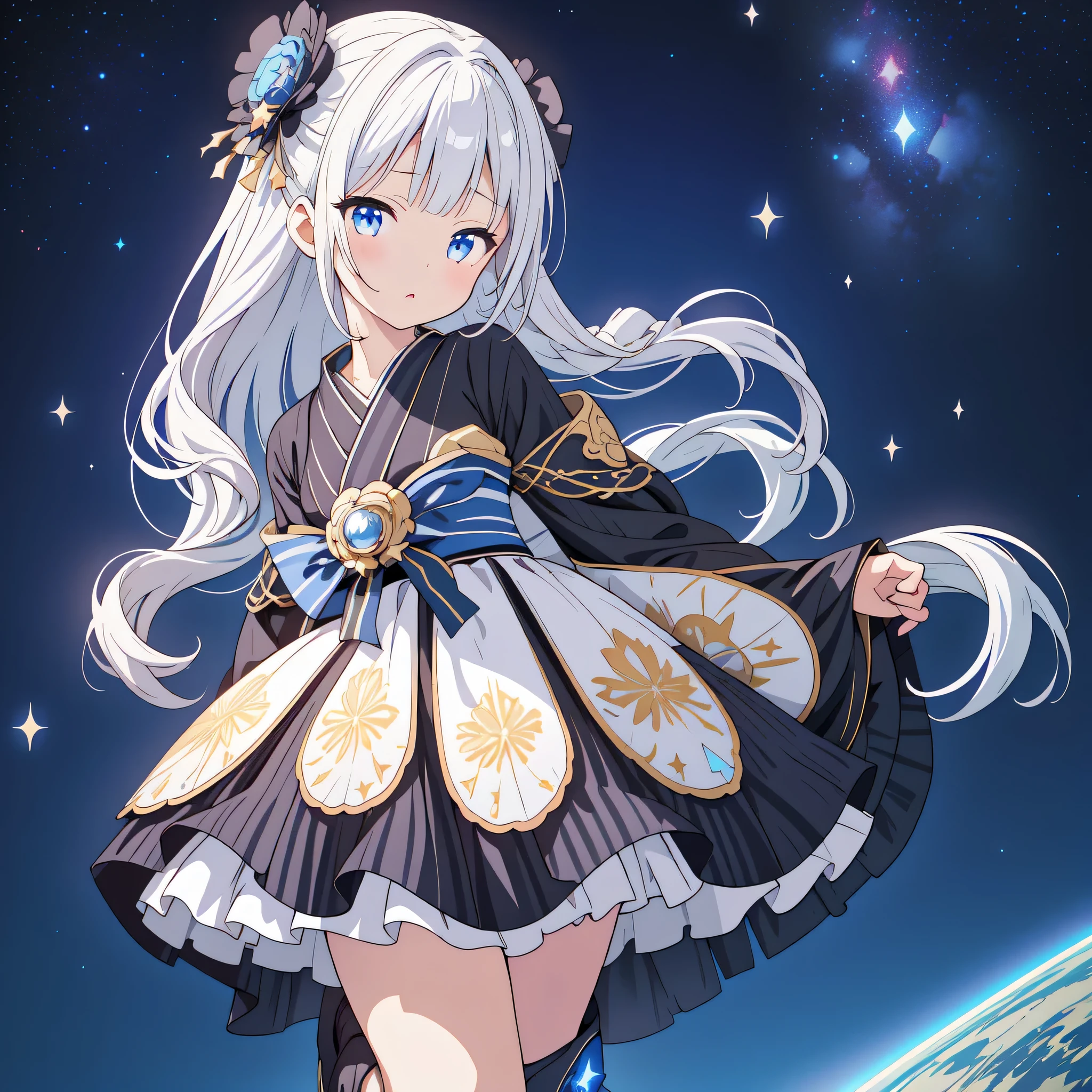 Star Fairy、(masterpiece, best quality), 1girl, 「A beautifully printed galaxy patterned kimono and gothic lolita outfit.、Space pattern box pleated mini skirt with ruffles、Standing in front of the viewer、Knee-high boots、Captivating eyes、Perfect and stunning face、Exquisite details、Clear images、highest quality。」Milky white and blue gradient long straight hair、
