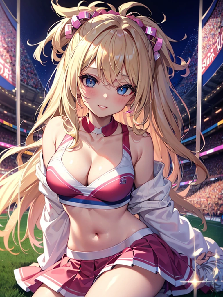 Highest Quality, masterpiece, beautifully detailed eyes, lightly curled Blonde Hair, Gradient Hair, pink highlights in hair, makeup, glossy lips, full lips, medium breasts, (cheerleader), cleavage, collarbone, midriff, (school field), smirk