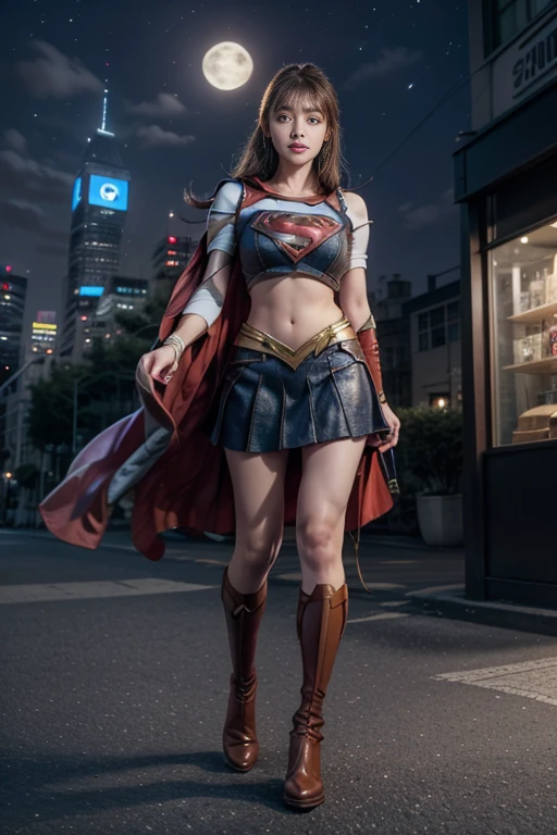 (Supergirl standing)、(Supergirl Costume:1.0),(bangs)、(Beautiful Japanese Girls:1.5)、(Detailed face、blue eyes:1.2)、Huge breasts:1.5、(skirt:1.0)、(Red Boots)、(On the roof of a New York skyscraper)、(With the full moon at my back),(Angle from below)、(At S.F.W.:1.2),(evil grin)