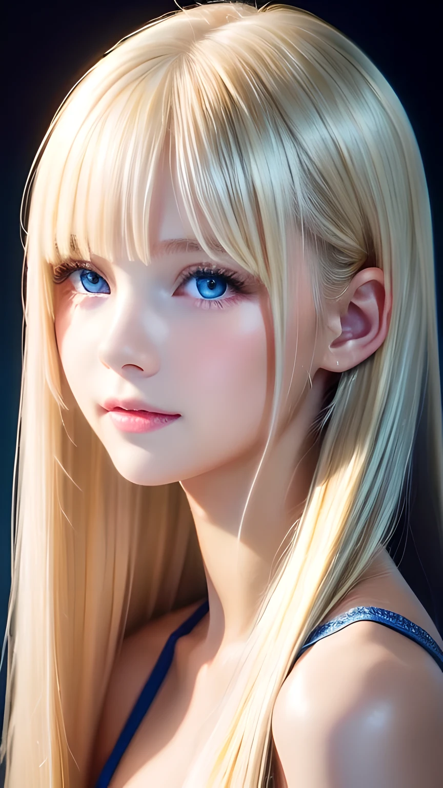 Portrait、、Bright expression、ponytail、Young, lustrous, glowing, white skin、The best beauty、Blonde reflection、Natural platinum blonde hair with dazzling highlights、Shiny bright hair,、Super long silky straight hair、Shiny beautiful bangs、Bright, clear, attractive, large blue eyes、Very beautiful lovely cute girl、Ample Bust