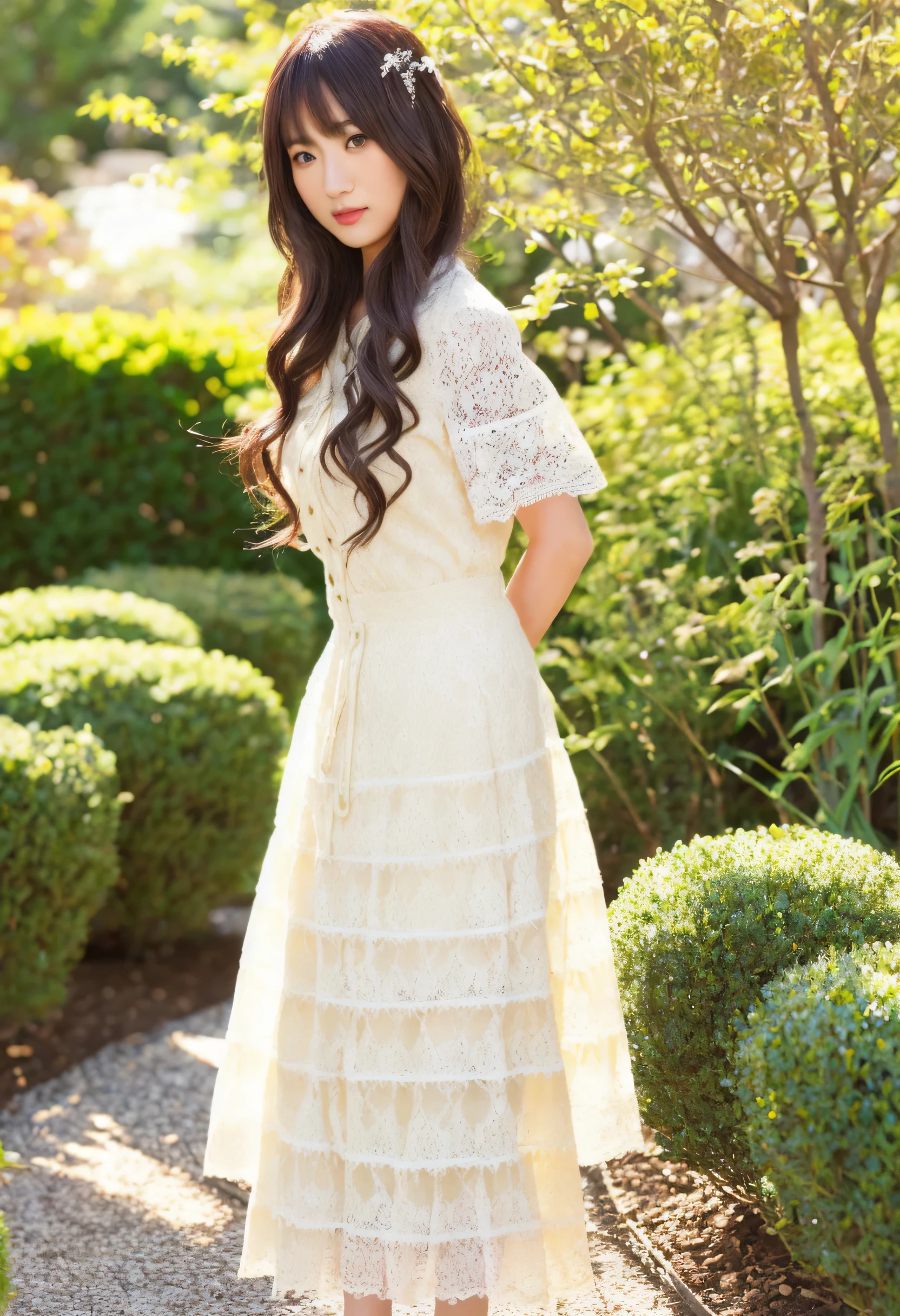 ((highest quality)), ((masterpiece)), (detailed), Perfect Face,Japanese female one person,Hashimoto Kannasi,（Beige knit）,white lace long skirt、garden、walk、Semi-long hair、Model Style、Bust SizeＤcup