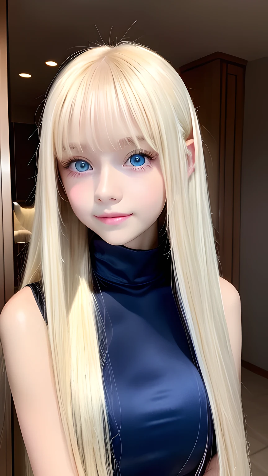 Portrait、、Bright expression、ponytail、Young, lustrous, glowing, white skin、The best beauty、Blonde reflection、Natural platinum blonde hair with dazzling highlights、Shiny bright hair,、Super long silky straight hair、Shiny beautiful bangs、Bright, clear, attractive, large blue eyes、Very beautiful lovely cute  girl、Ample Bust