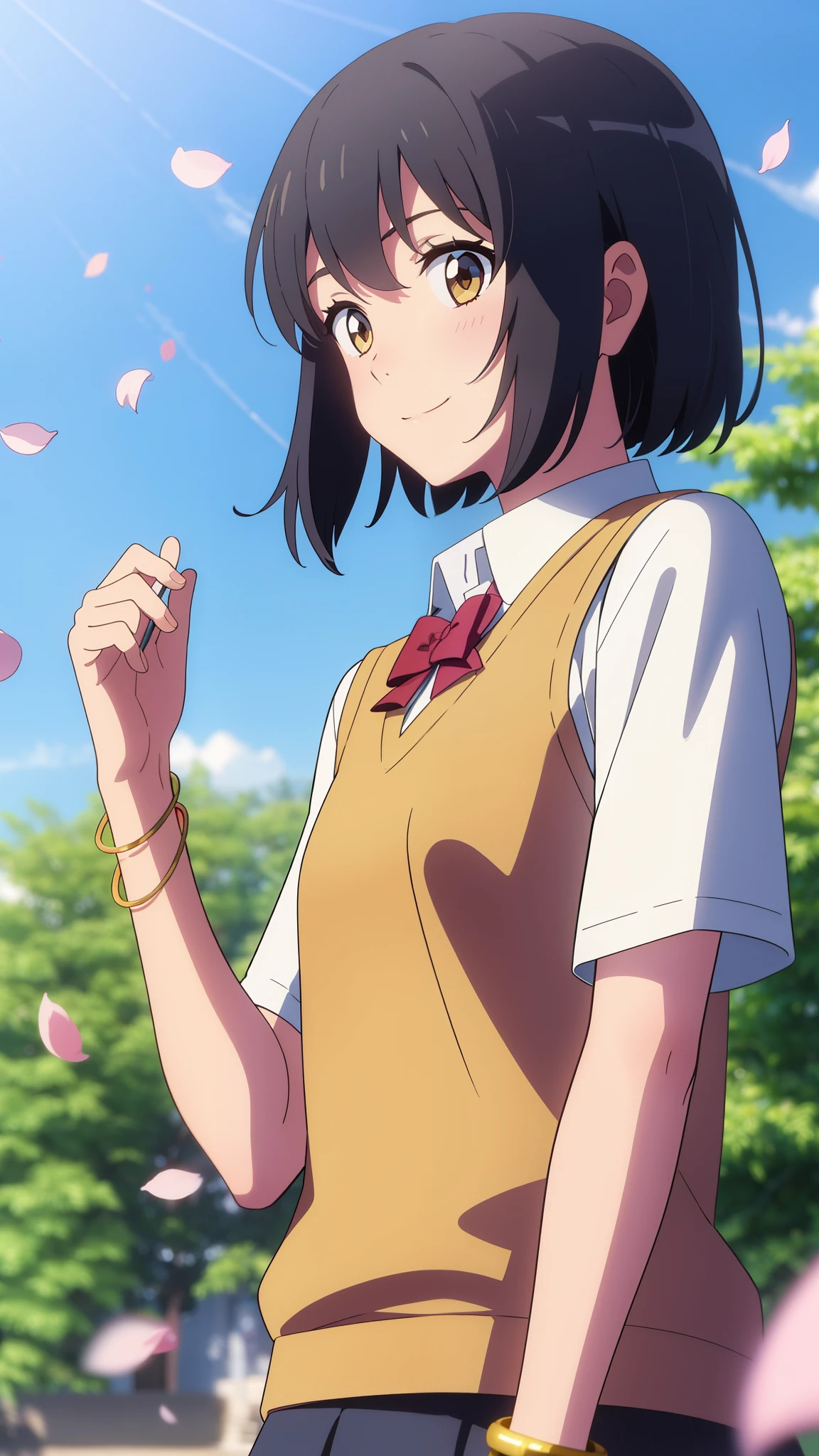 shinkai makoto, kimi no na wa., 1girl, bangs, black hair, blush, bright eyes, brown eyes, headband, looking at the viewer, red bow, red headband, red ribbon, , shirt, sweater vest, vest, white shirt, yellow sweater vest, yellow vest, skirt, blue skirt, short sleeves, short hair, medium breasts, solo, day, outdoors, shiny skin, standing, shadow, smile, happy, bracelet, cherry_blossoms, falling_petals, petals, branch, pink_flower, blue_sky, sunlight, spring_season, wind, tree, Upper body portrait