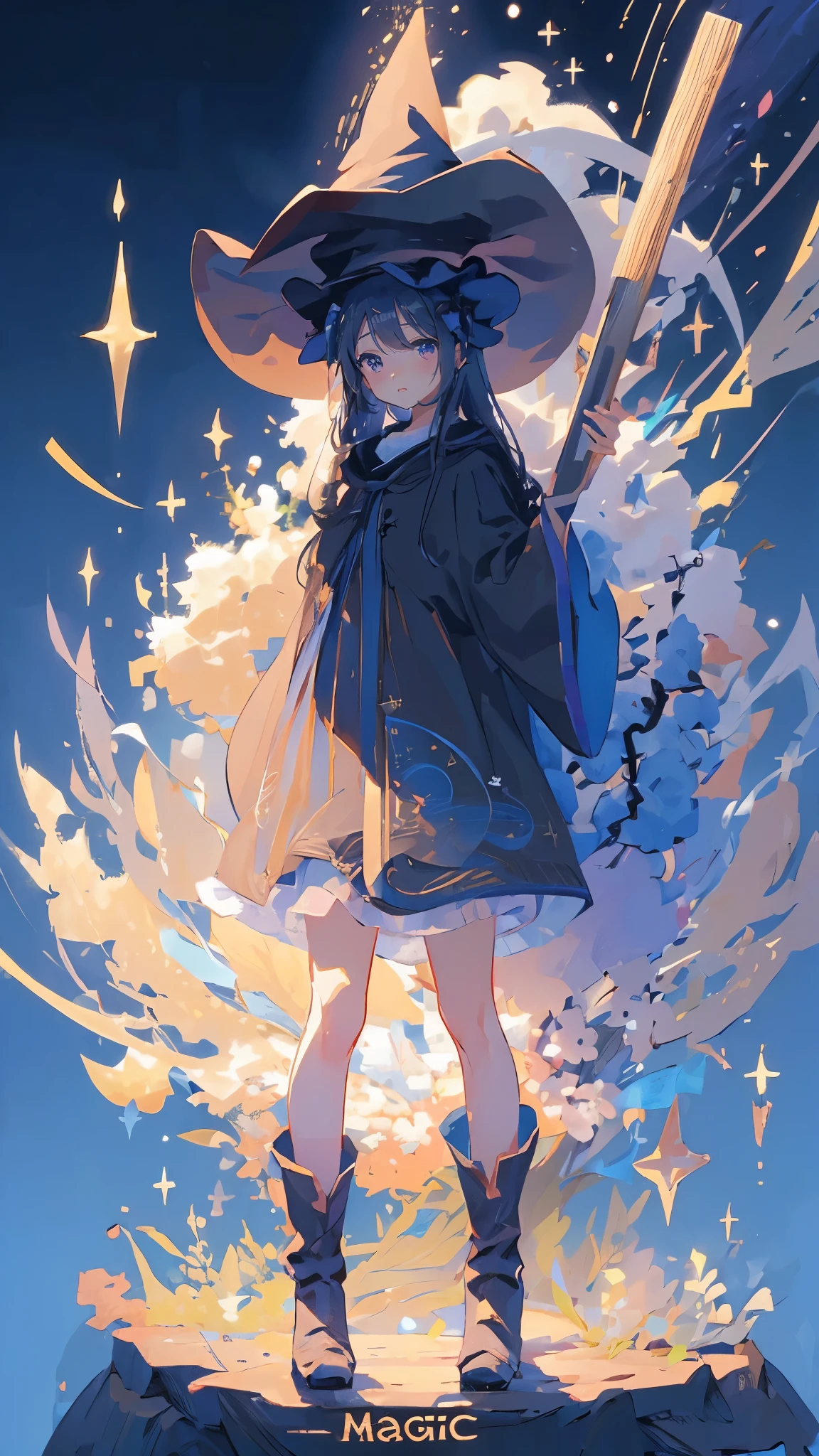 ((magic使いの女の子:1.5)), Full Body Shot,Perfect Face, Beautiful Face, Highly detailed face,(Long Hair:1.3),(Witch Hat:1.3),boots,Witch's broom,magicの杖,book of magic,Night Sky,たくさんのstar,Sparkling,Light,smile,magic,Shine,月Light,starの粒,star々,Sparkling,流れstar
