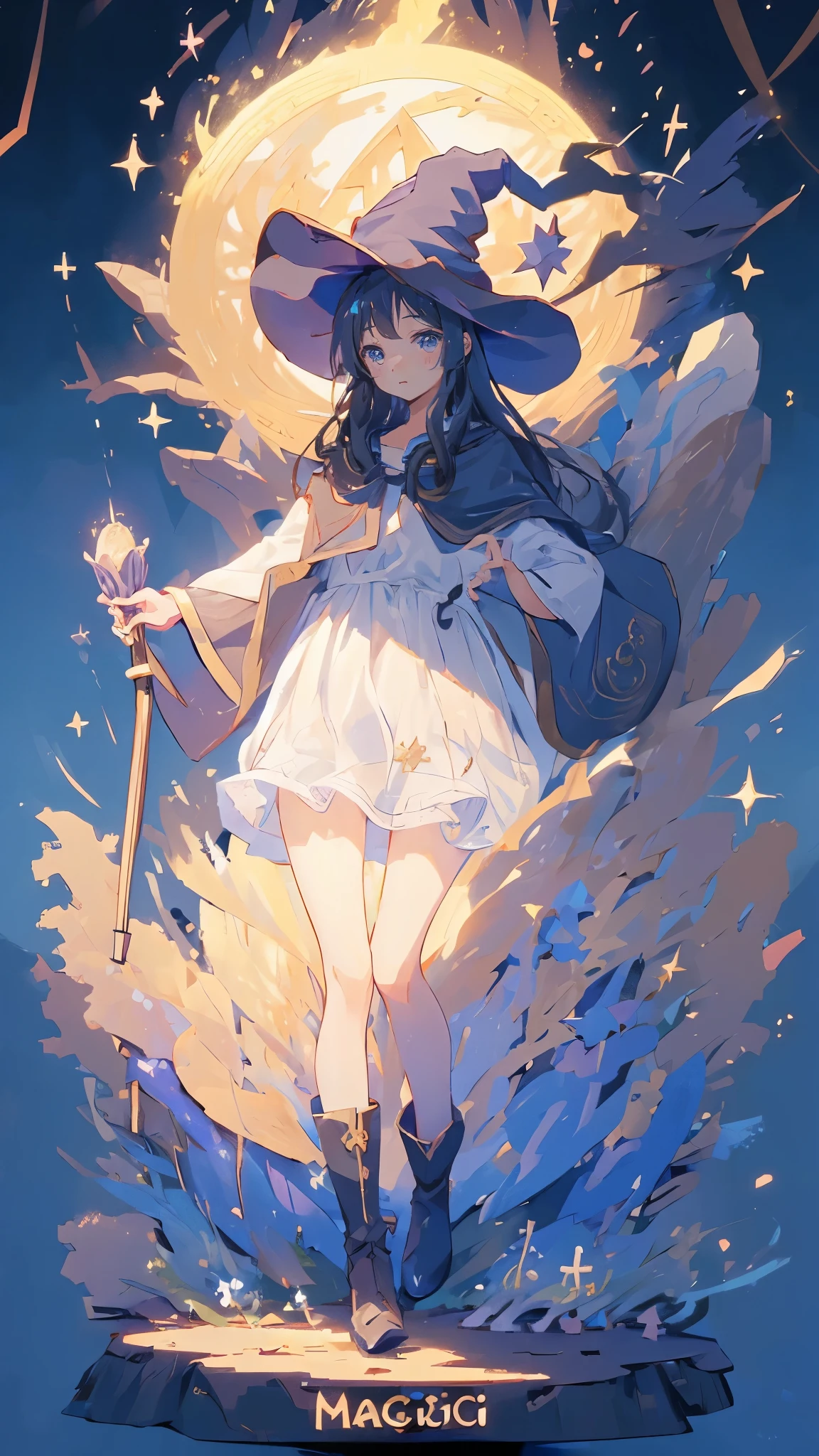 ((magic使いの女の子:1.5)), Full Body Shot，Perfect Face, Beautiful Face, Highly detailed face，(Long Hair:1.3)，(Witch Hat:1.3)，boots，Witch's broom，magicの杖，book of magic，Night Sky，たくさんのstar，Sparkling，Light，smile，magic，Shine，月Light，starの粒，star々，Sparkling，流れstar