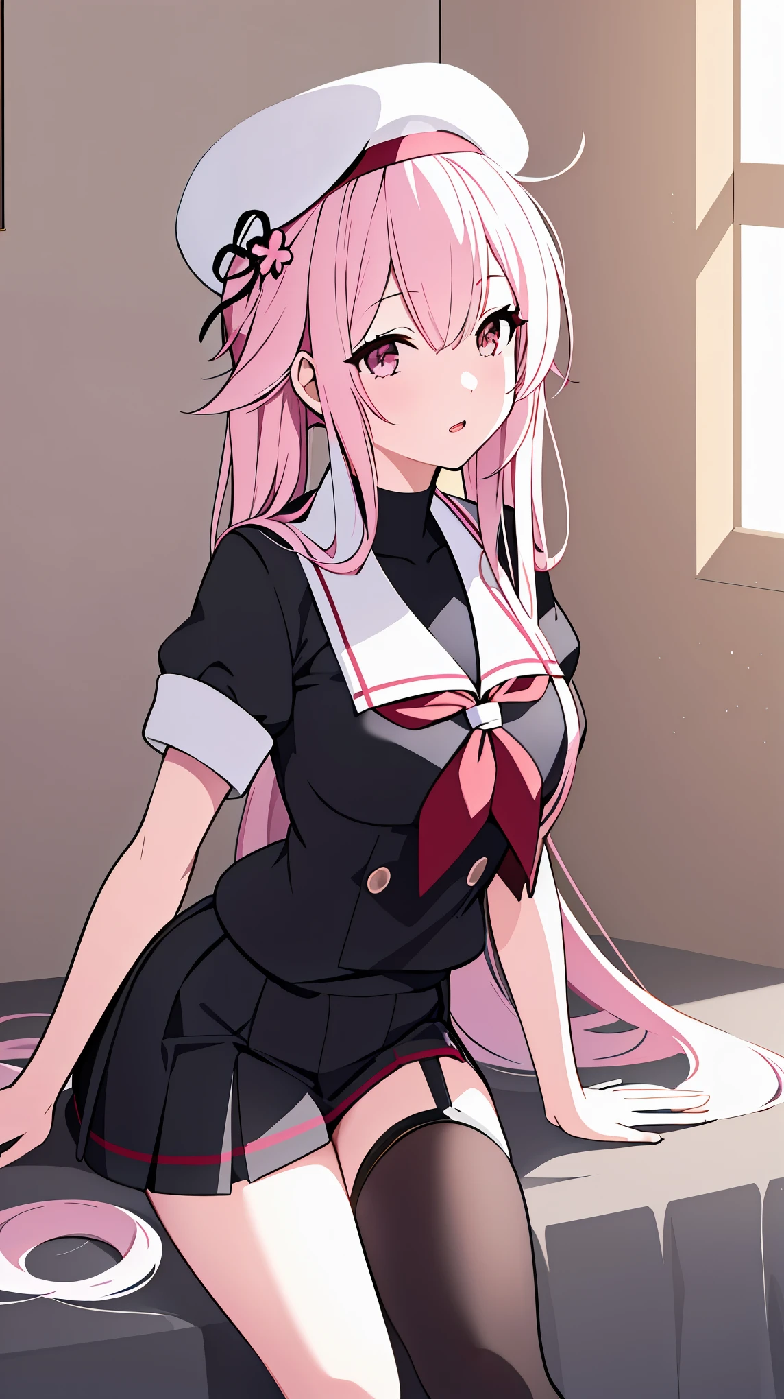 (masterpiece), (best quality), (ultra-detailed), photorealistic, (best illustration), (an extremely delicate and beautiful), 1girl, solo,(KanColle Harusame) black uniform black skirt pink hair White beret cap Very Fine Eyes Very Fine Face、Insanely detailed body、Extremely fine skin, very elaborate hair ornament, Precisely shaped body and hands