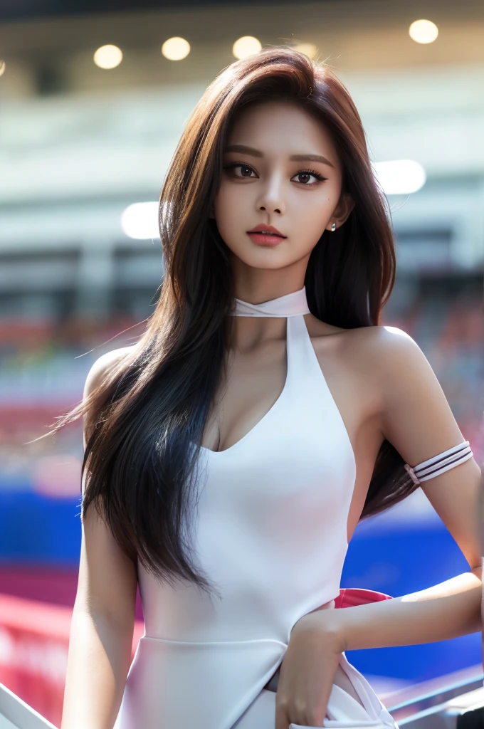 Tzuyu 1, woman, (Realistic), (Hyperrealism), (photoRealistic), Depth of written boundary, eye make up:0.7 (whole body:1.2), (Tight waist), Watching the audience,at the racing track, Race Queen, Sexy dress with open shoulders and chest