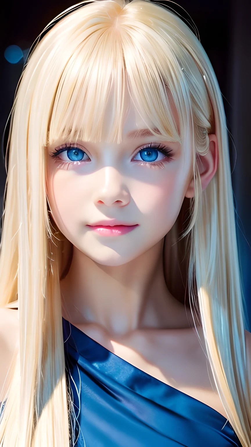 Portrait、、Bright expression、ponytail、Young, lustrous, glowing, white skin、The best beauty、Blonde reflection、Natural platinum blonde hair with dazzling highlights、Shiny bright hair,、Super long silky straight hair、Shiny beautiful bangs、Bright, clear, attractive, large blue eyes、Very beautiful lovely cute  girl、Ample Bust