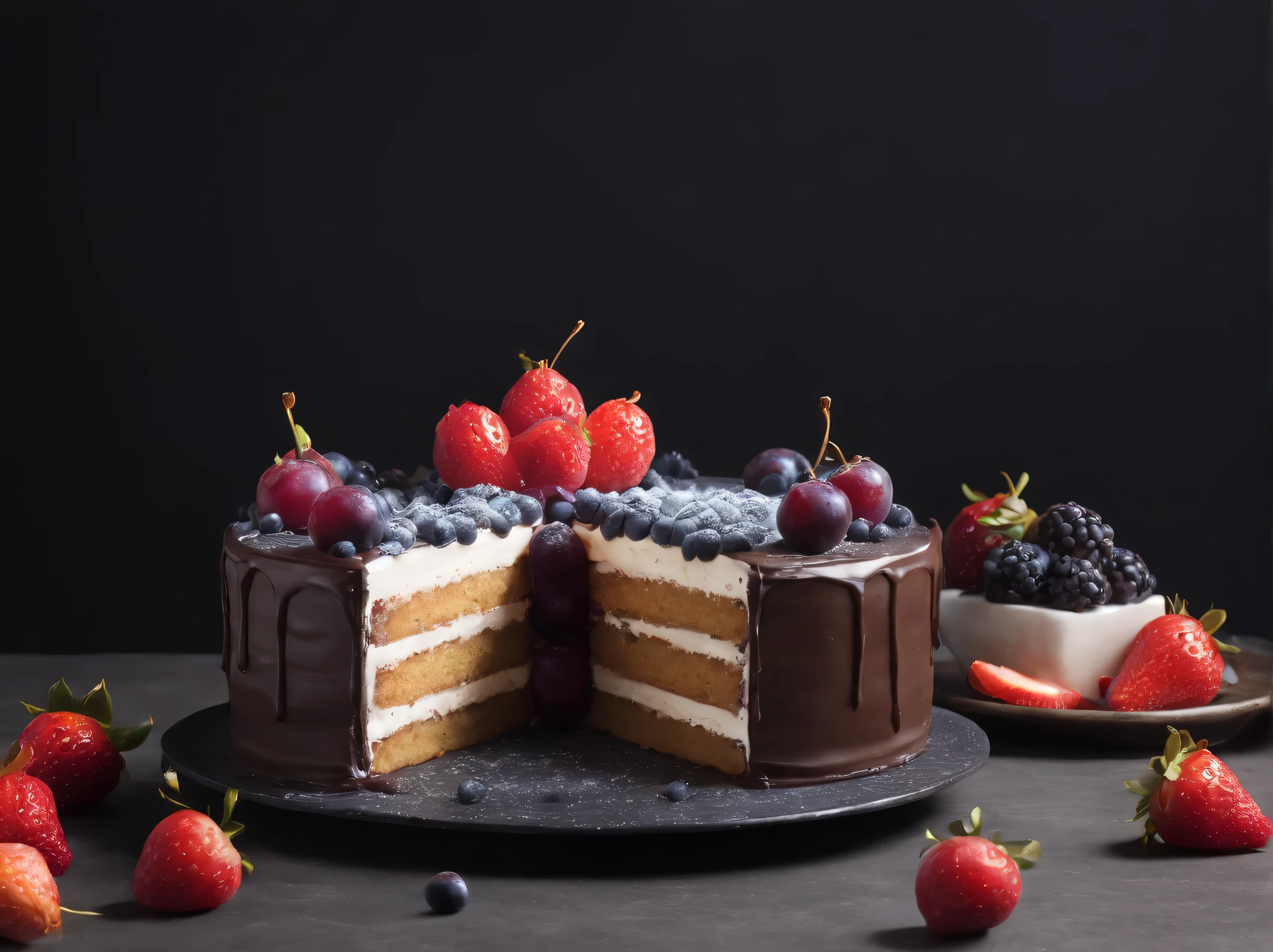 Delicious cake, Movie, Professional photography, Studio Lighting, Studio Background, Advertising photography, Intricate details, Ultra Detailed, Surrealism, 8 Kud