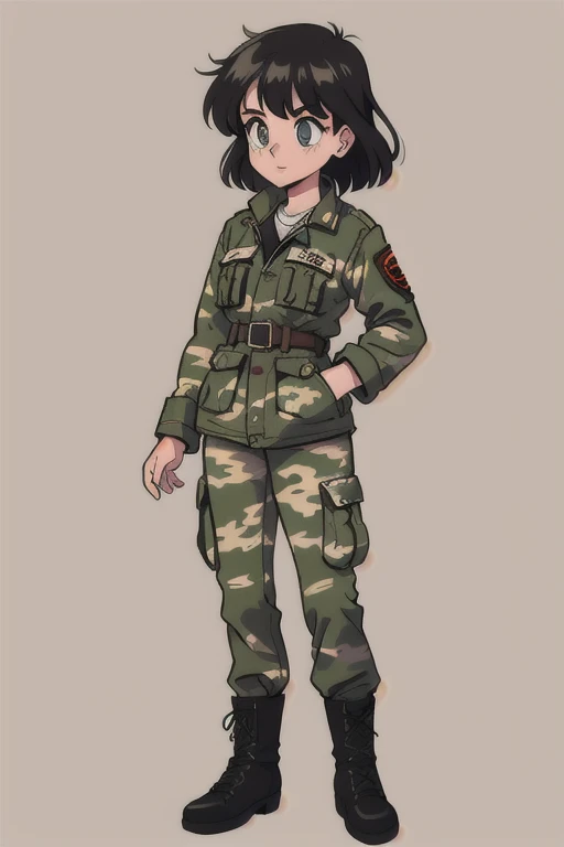 ((Best quality)), girls camouflage jacket, pants, army combat boots,