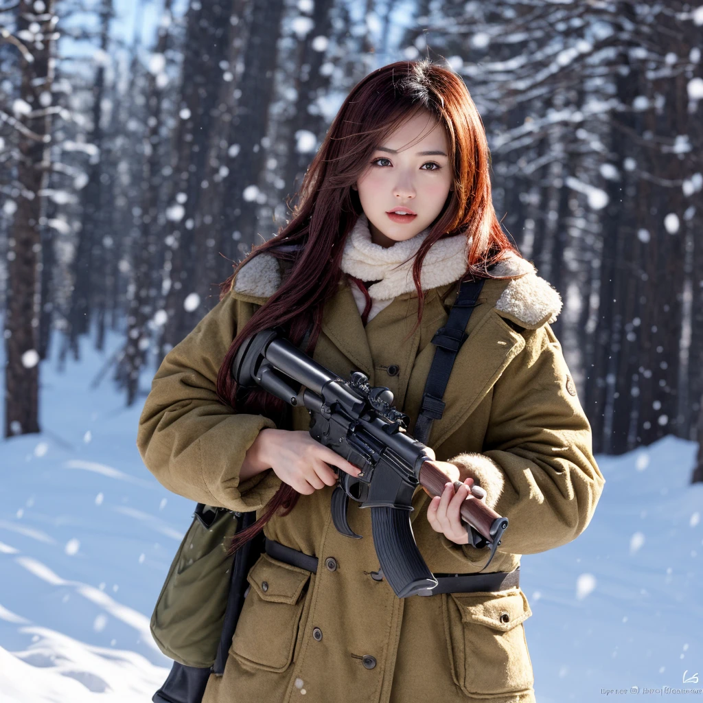 Hunting girl with rifle in combat pose in the snow,Oriental,Blade and Soul,Ink Style,Long Red Hair,leather and fur coat,cold,Point the muzzle at us,artwork,3D,4K,detailed,Realistic
