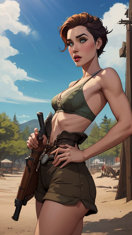 Woman character jeday style warrior armed with a 38 revolver western style atompunk Fallout 4 Jennifer Connelly le with marks of war Cartoon image of a woman .Ilustra??o estilo desenho animado, estilo de arte dos desenhos animados, estilo de arte dos desenhos animados, digital illustration style, estilo atompunk design de personagens altamente detalhado, arte digital detalhada coragem, Forest fan art, Design de personagens de retrato, beautiful digital illustration, retrato de alta qualidade, Arte em quadrinhos, mulher jovem cabelo com transas lindas . Queen Anna of ArendelleBeautiful lined eyes Medium large bust and wonderful sexy clothes. image expression of sexual desire from waist to head illustration Queen Anne of Arendelle atompunk style Fallout 4 The perspective is from below, enfatizando a majestade e o poder da Gigante." armed with a 38 revolver western style with a 38 revolver in her hands jeday style warrior in summer clothes on the beach