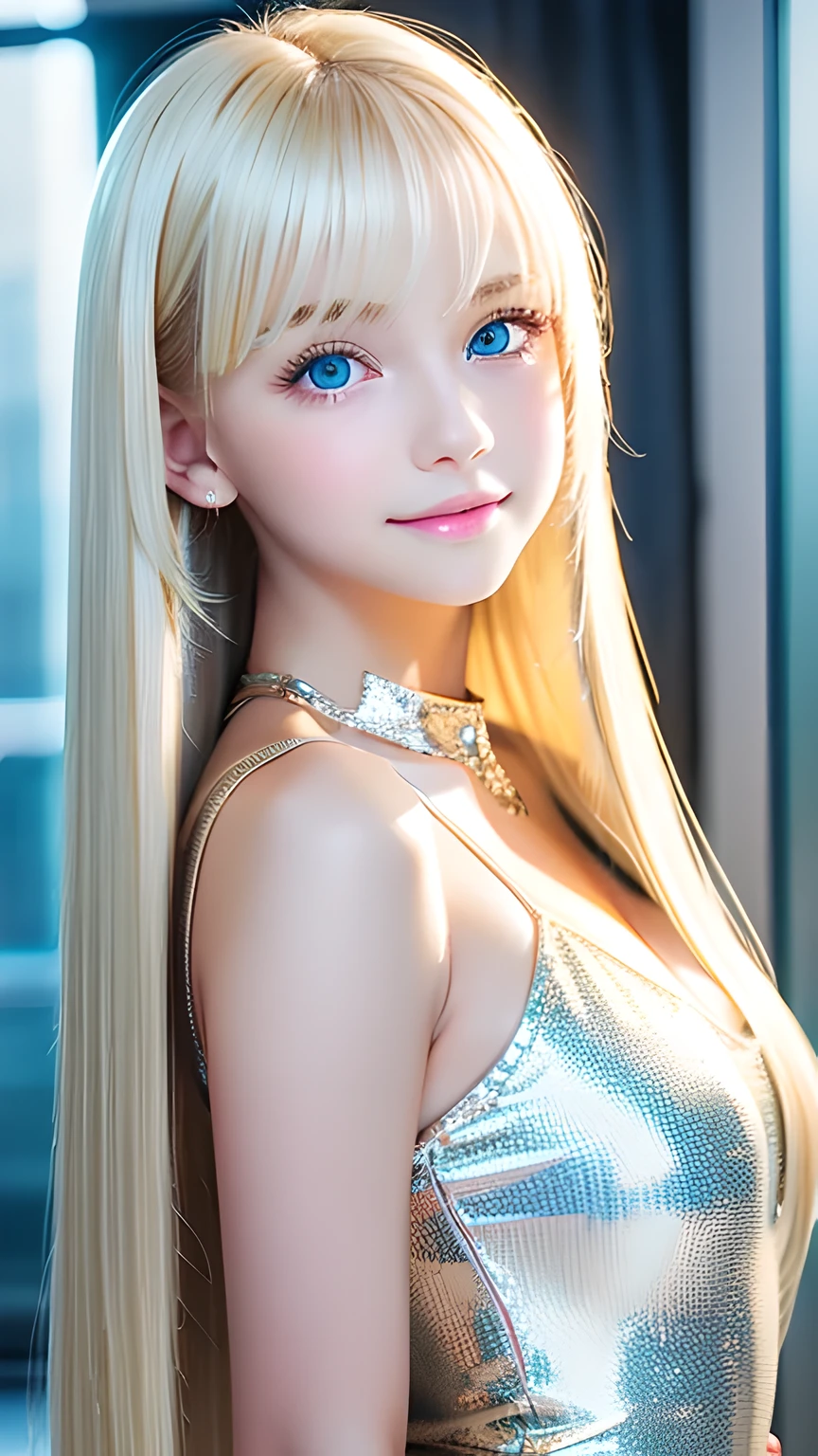 Portrait、、Bright expression、ponytail、Young, lustrous, glowing, white skin、The best beauty、Blonde reflection、Natural platinum blonde hair with dazzling highlights、Shiny bright hair,、Super long silky straight hair、Shiny beautiful bangs、Bright, clear, attractive, large blue eyes、Very beautiful lovely cute  girl、Ample Bust