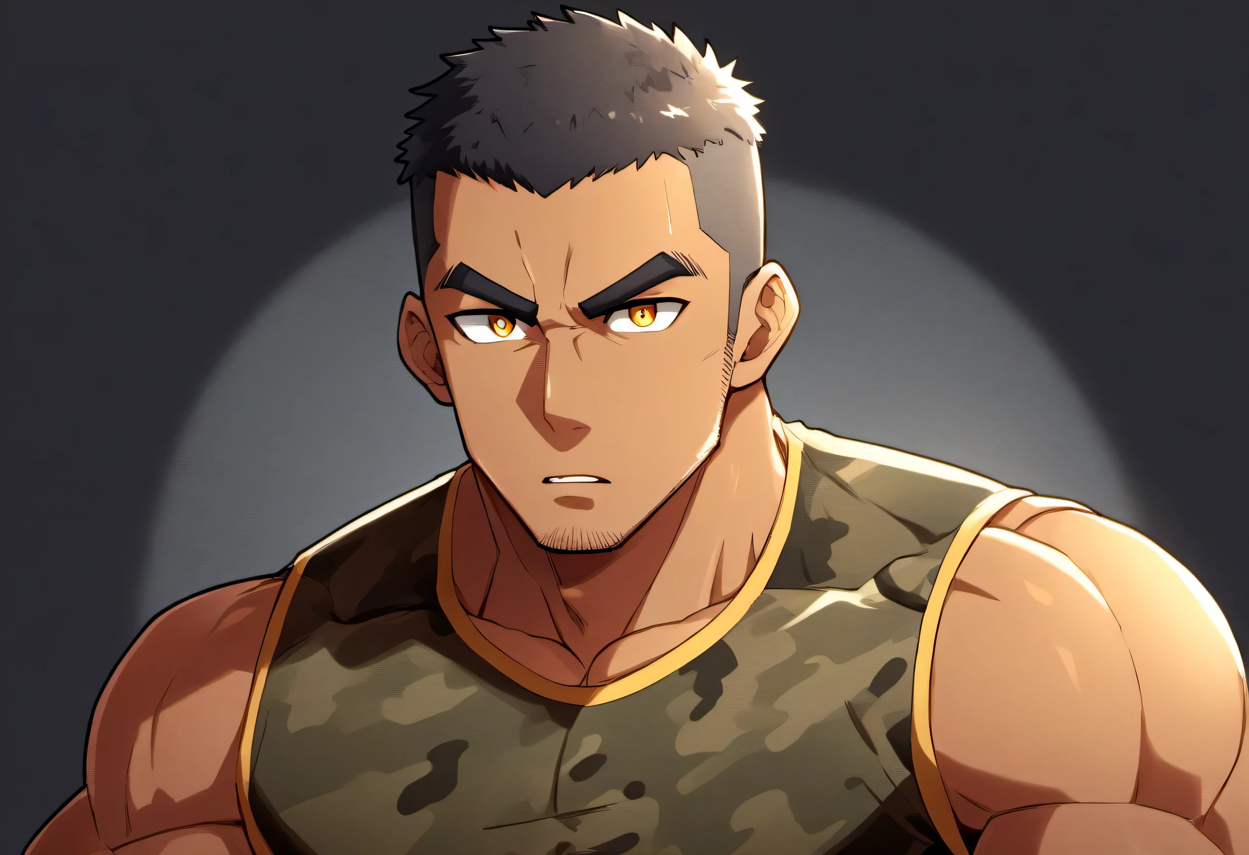 anime characters:Gyee, Fitness coach, Chocolate skin, 1 muscular tough guy, Manliness, male focus, Camouflage sleeveless T-shirt, Very tight, Slightly transparent, muscular male, muscular, only, Upper body, alone, Black short hair, Thick eyebrows, stubble, Yellow eyes, Black background, simple background, amazing quality, best aesthetics, Ridiculous, bright pupils, crew cut, parted lips, v-shaped eyebrows, jitome, drop shadow, best quality