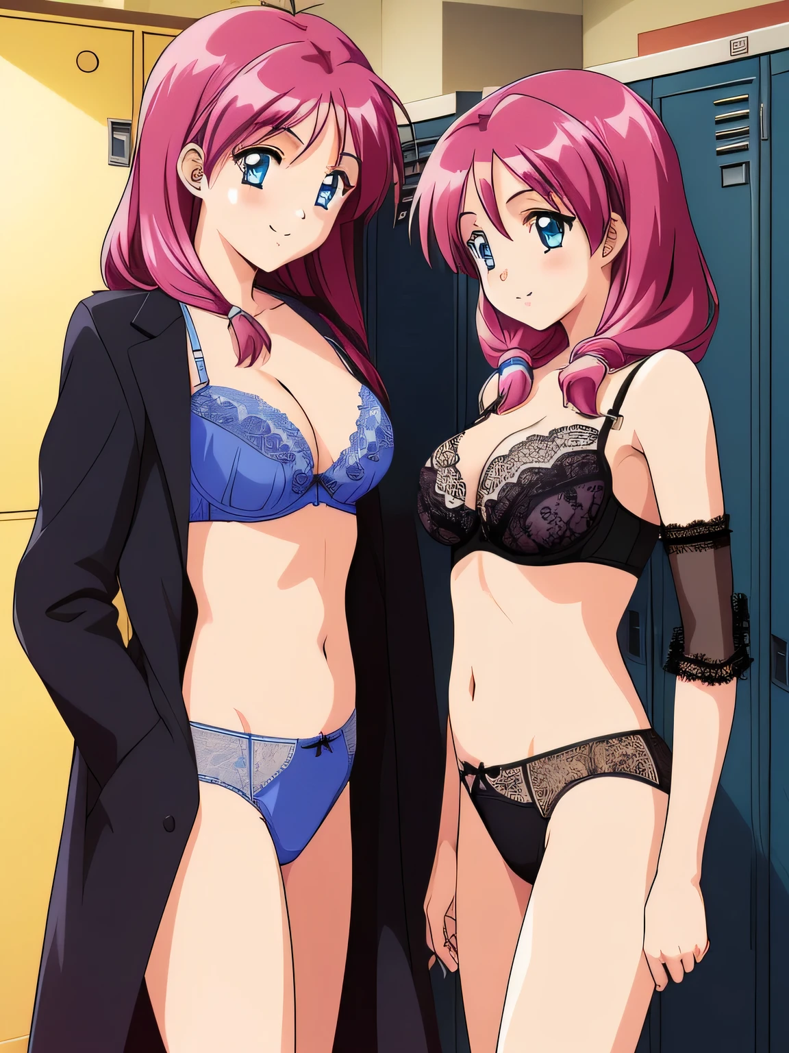 shirayuki, Two Girls, Multiple Girls, twins, smile, brother, Sisters, blue eyes,Browsing Caution,(((Lace Underwear))),((((Wear a lacy bra)))),topless,locker room,good,retro artstyle, twins, Long Hair,  1990s (style), chest, brother, avert your eyes, city, Day,
masterpiece, expensive quality, very_expensive_solve, big_file size, Full Color,