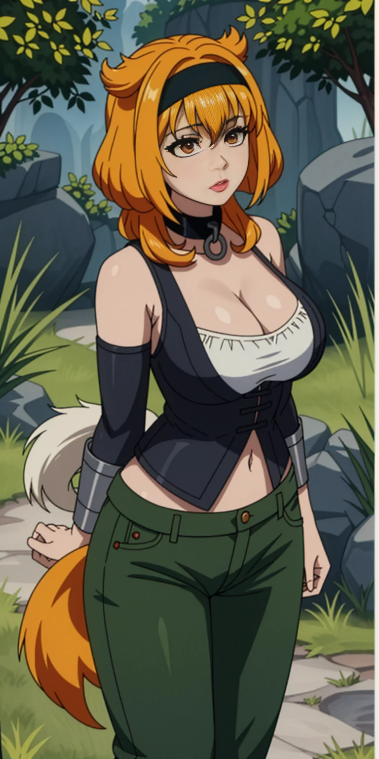 (Roxanne Demin kin 1girl, solo, breasts, large breasts, navel, animal ears, cleavage, tail, hairband, pants, orange hair, collar, dog ears, dog tail, dog girl, black collar, green pants, floppy ears, leather slave collar choker, bracers) (Roxanne | Slave Harem in the Labyrinth of the Other World)