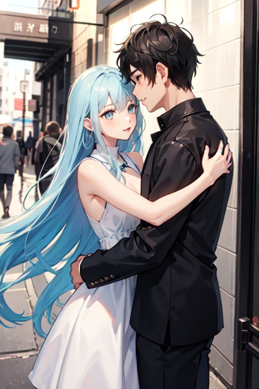 A girl with light blue long hair goes on a date wearing a dress with a guy
They hug