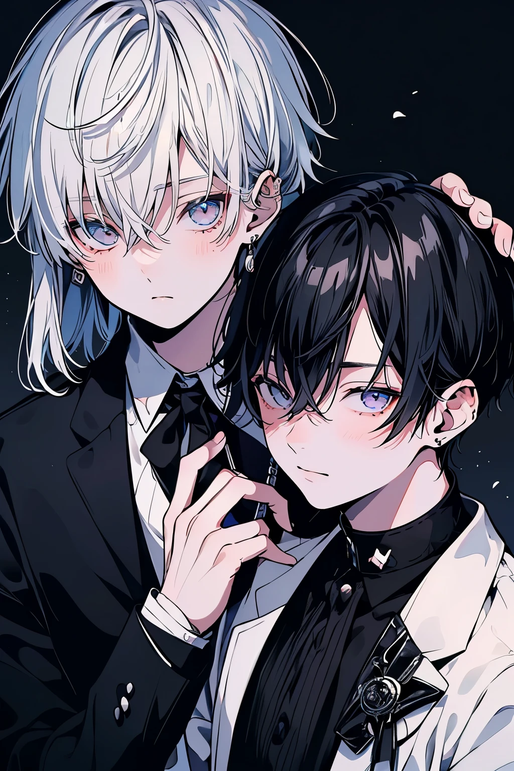 (Mastepiece), (Best Quality), Very detailed, ((Two friendly men)), Perfect Face, Beautiful Face, Very detailed顔,(Black Haired Man:1.3),(Man with white hair:1.3),suit,shirt