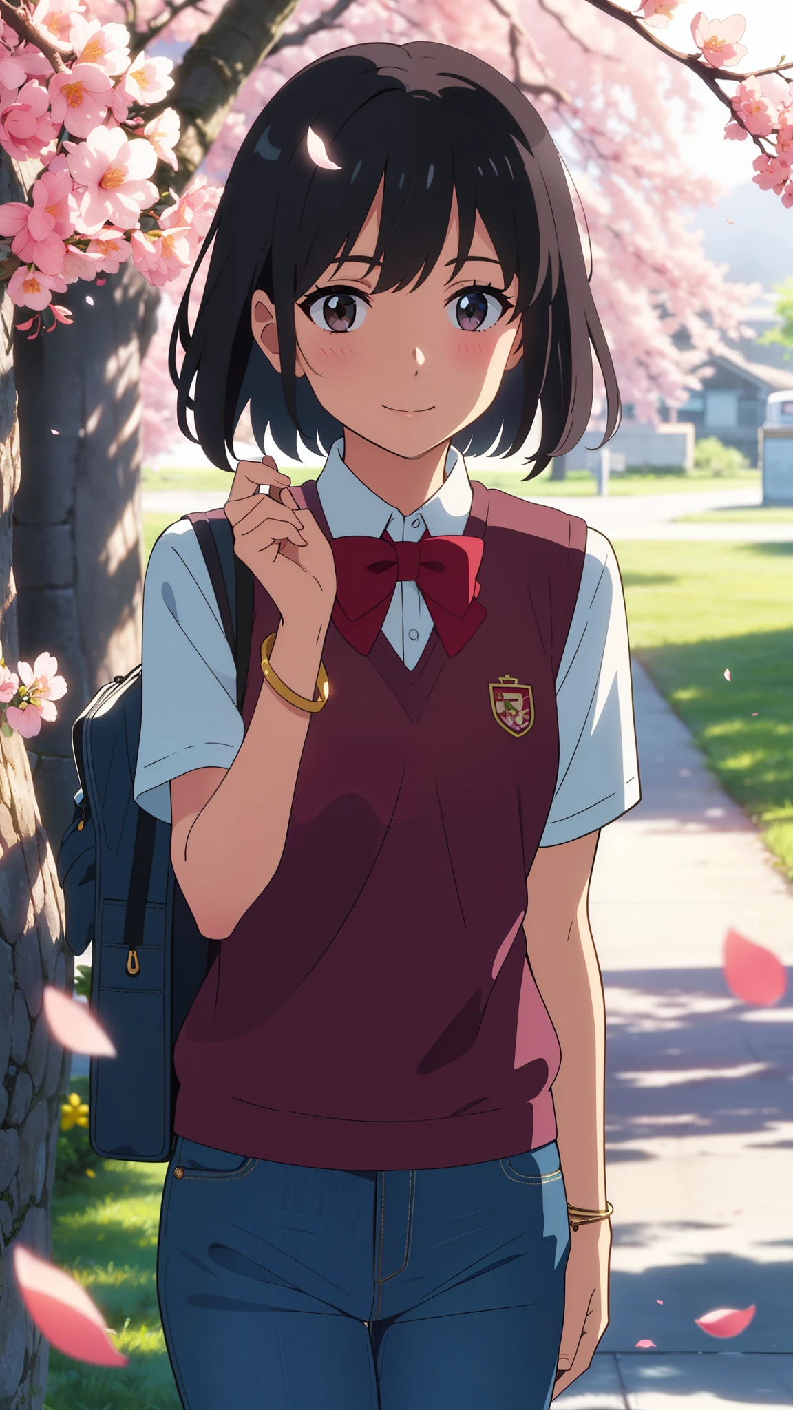 shinkai makoto, kimi no na wa., 1girl, bangs, black hair, blush, brown eyes, sky, cloud, collared shirt, looking at the viewer, outdoors, red headband, red ribbon, red bow, school uniform, short hair, smile, solo, white shirt, pink sweater vest, pink vest, grey skirt, short sleeves, school backpack