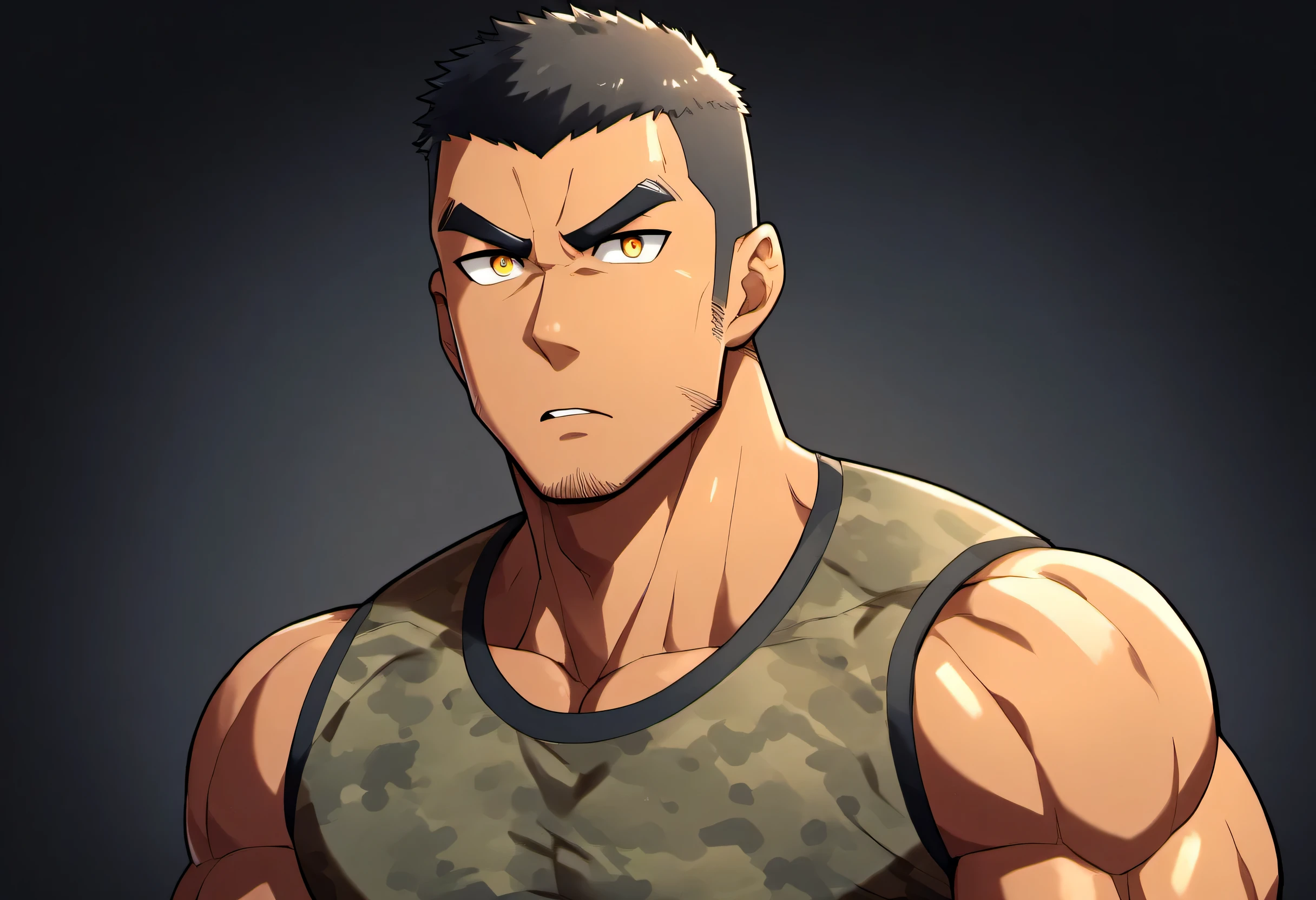anime characters：Gyee, Fitness coach, Chocolate skin, 1 muscular tough guy, Manliness, male focus, Camouflage sleeveless T-shirt, Very tight, Slightly transparent, muscular male, muscular, only, Upper body, alone, Black short hair, Thick eyebrows, stubble, Yellow eyes, Black background, simple background, amazing quality, best aesthetics, Ridiculous, bright pupils, crew cut, parted lips, v-shaped eyebrows, jitome, drop shadow, best quality