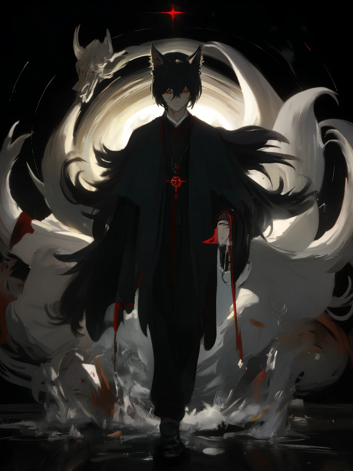 ((masterpiece, best quality)) Kitsune, male, black long hair, handsome, slender, dark priest with balck and red cloack, fox ears, red eyes, cultist, black crown, solo, one character, 