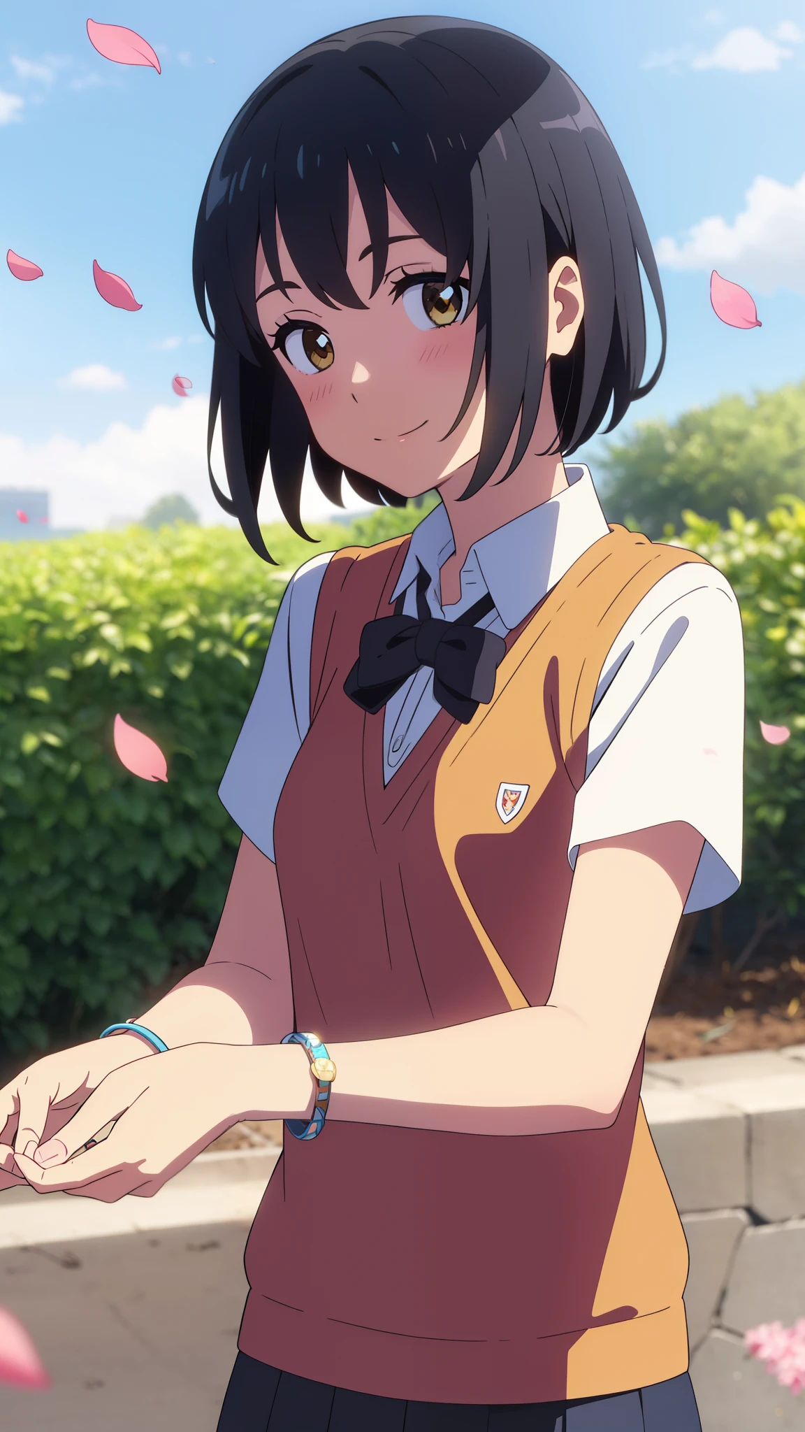 shinkai makoto, kimi no na wa., 1girl, bangs, black hair, blush, bright eyes, brown eyes, headband, looking at the viewer, red bow, red headband, red ribbon, , shirt, sweater vest, vest, white shirt, yellow sweater vest, yellow vest, skirt, blue skirt, short sleeves, short hair, medium breasts, solo, day, outdoors, shiny skin, standing, shadow, smile, happy, bracelet, cherry_blossoms, falling_petals, petals, branch, pink_flower, blue_sky, sunlight, spring_season, wind, tree, Upper body portrait
