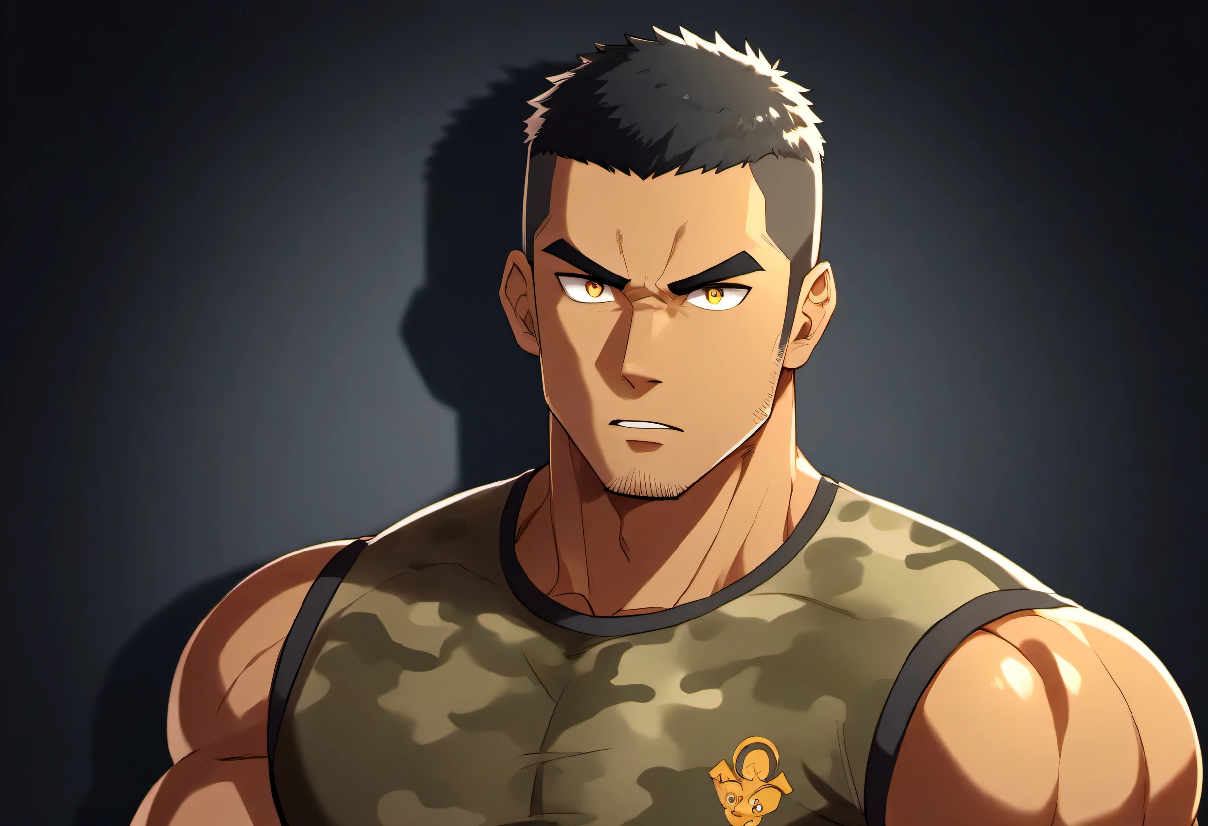 anime characters:Gyee, Fitness coach, Chocolate skin, 1 muscular tough guy, Manliness, male focus, Camouflage sleeveless T-shirt, Very tight, Slightly transparent, muscular male, muscular, only, Upper body, alone, Black short hair, Thick eyebrows, stubble, Yellow eyes, Black background, simple background, amazing quality, best aesthetics, Ridiculous, bright pupils, crew cut, parted lips, v-shaped eyebrows, jitome, drop shadow, best quality