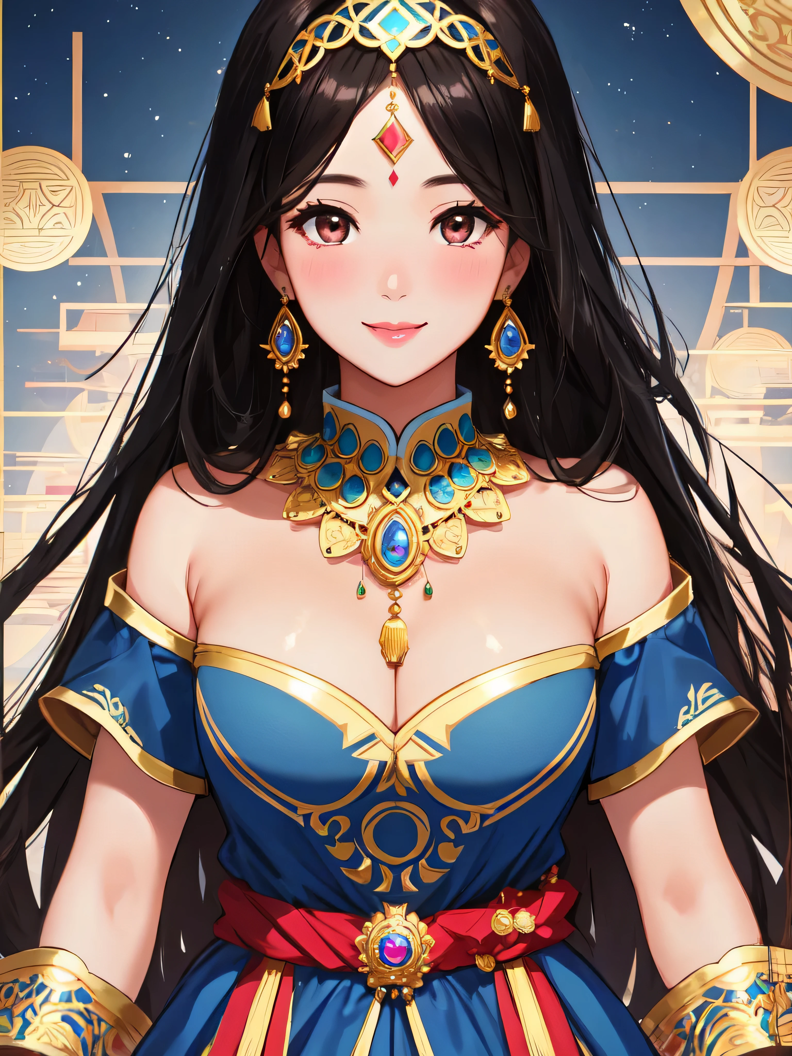 masterpiece, 4K, (Beautiful dark-haired Asian woman: 1.2), Portraiture, High quality art, High resolution, High resolution, in the center, Symmetric, Excellent anatomy, Swollen lips, smile, surprised, blush, lipstick, Beautiful Eyes, Smooth skin, beautiful woman, jewelry, Moroccan Caftan, blue fabric with gold embroidery, (Focus on the upper body: 1.2), style, woman, Looking at the audience, smile,  Symmetric, in the center, close, woman, Athletic ability, fit, Tight waist, Realistic body proportions, Realistic, photo-Realistic, 8k, Very detailed, LED Light, Laser light, fruit flavored, bright, Anatomically correct, Symmetric anatomy, Ulzzang-6500