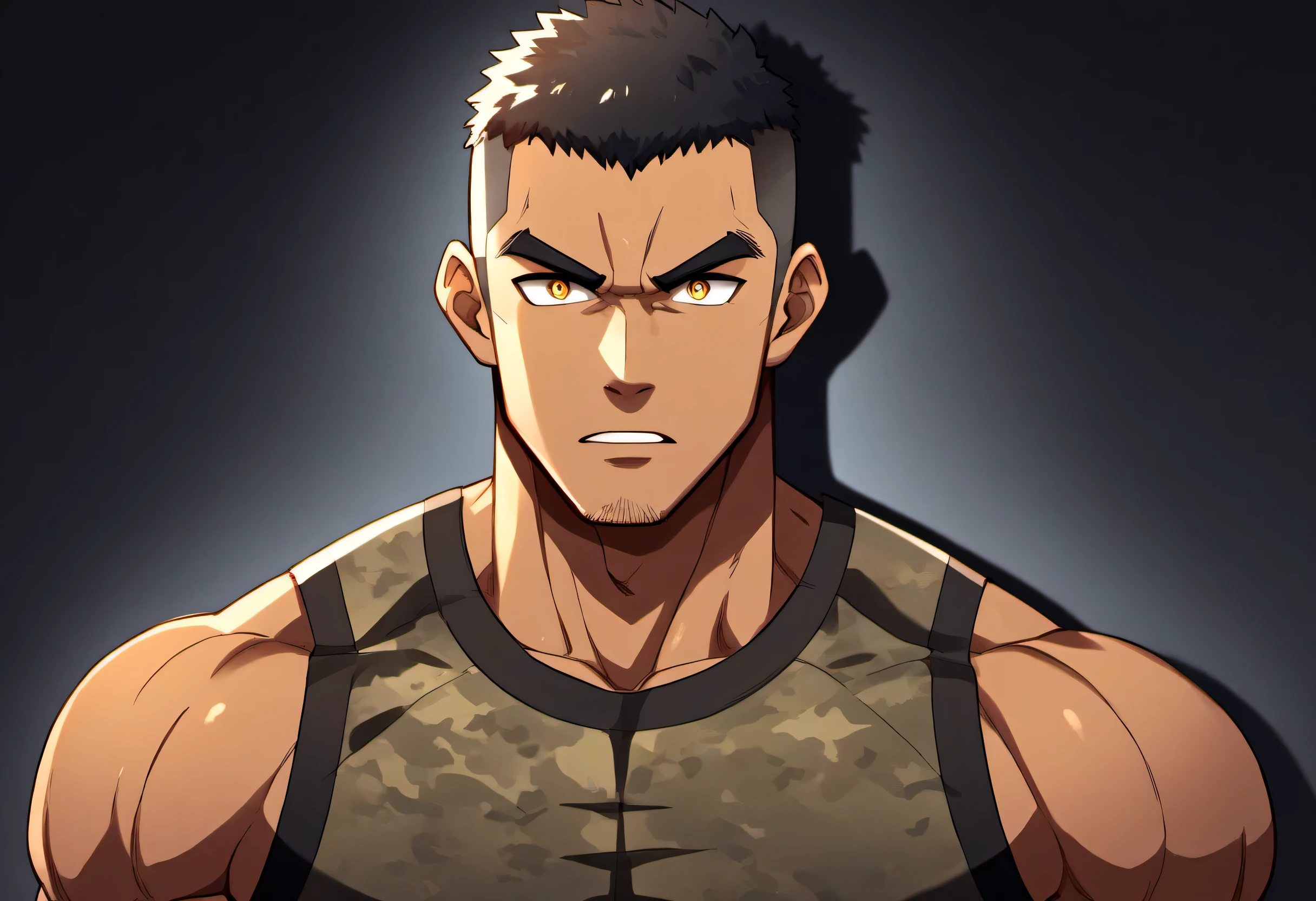 anime characters:Gyee, Fitness coach, Chocolate skin, 1 muscular tough guy, Manliness, male focus, Camouflage sleeveless T-shirt, Very tight, Slightly transparent, muscular male, muscular, only, Upper body, alone, Black short hair, Thick eyebrows, stubble, Yellow eyes, Black background, simple background, amazing quality, best aesthetics, Ridiculous, bright pupils, crew cut, parted lips, v-shaped eyebrows, jitome, drop shadow, best quality