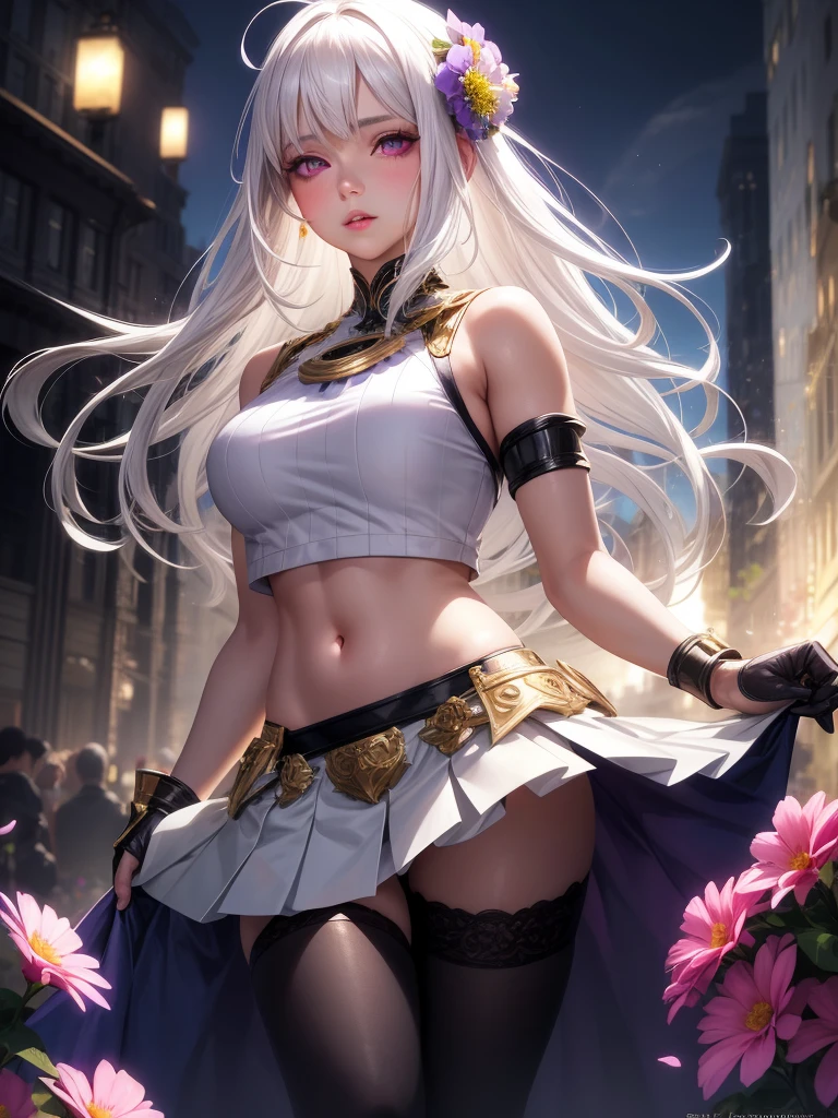 realistic, 1girl, white hair, purple eyes, glowing eyes, crop top, skirt, parted lips, blush, night, flowers, sun, sunlight, camel toe,