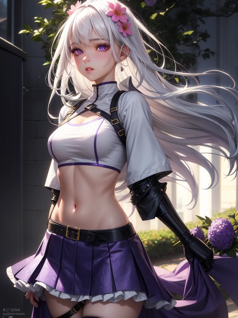 realistic, 1girl, white hair, purple eyes, glowing eyes, crop top, skirt, parted lips, blush, flowers, sun, sunlight,