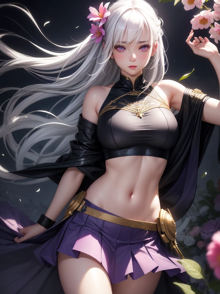 realistic, 1girl, white hair, purple eyes, glowing eyes, (elven:0.4), crop top, flapping miniskirt, (underboob:1.5), parted lips, blush, night, night sky, shore, waves, medieval town, sky at night