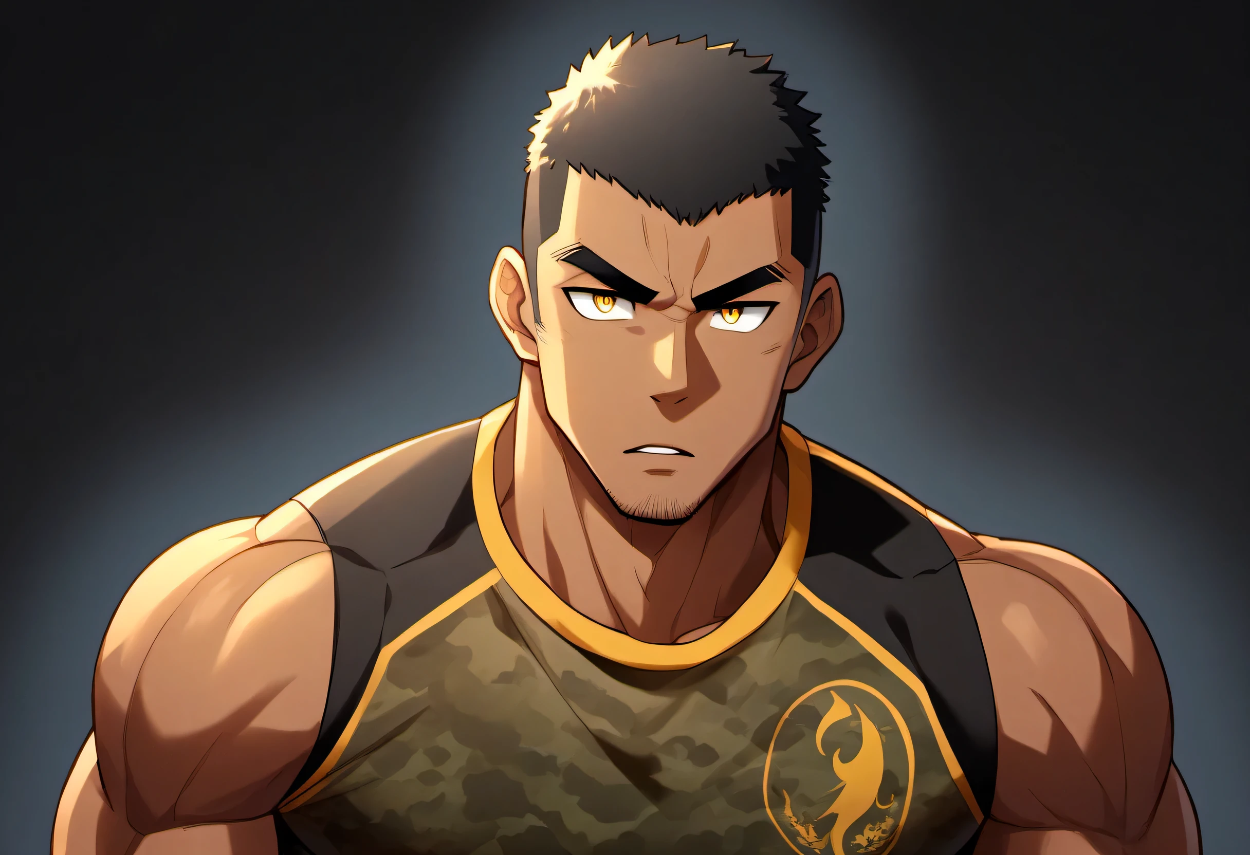 anime characters:Gyee, Fitness coach, Chocolate skin, 1 muscular tough guy, Manliness, male focus, Camouflage sleeveless T-shirt, Very tight, Slightly transparent, muscular male, muscular, only, Upper body, alone, Black short hair, Thick eyebrows, stubble, Yellow eyes, Black background, simple background, amazing quality, best aesthetics, Ridiculous, bright pupils, crew cut, parted lips, v-shaped eyebrows, jitome, drop shadow, best quality