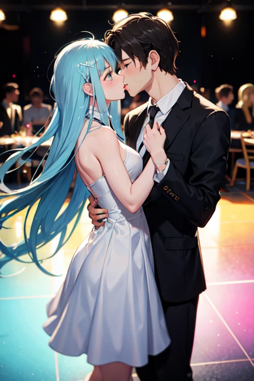 A girl with light blue long hair goes on a date wearing a dress with a guy
They go to a dance floor and do the salsa
They kiss