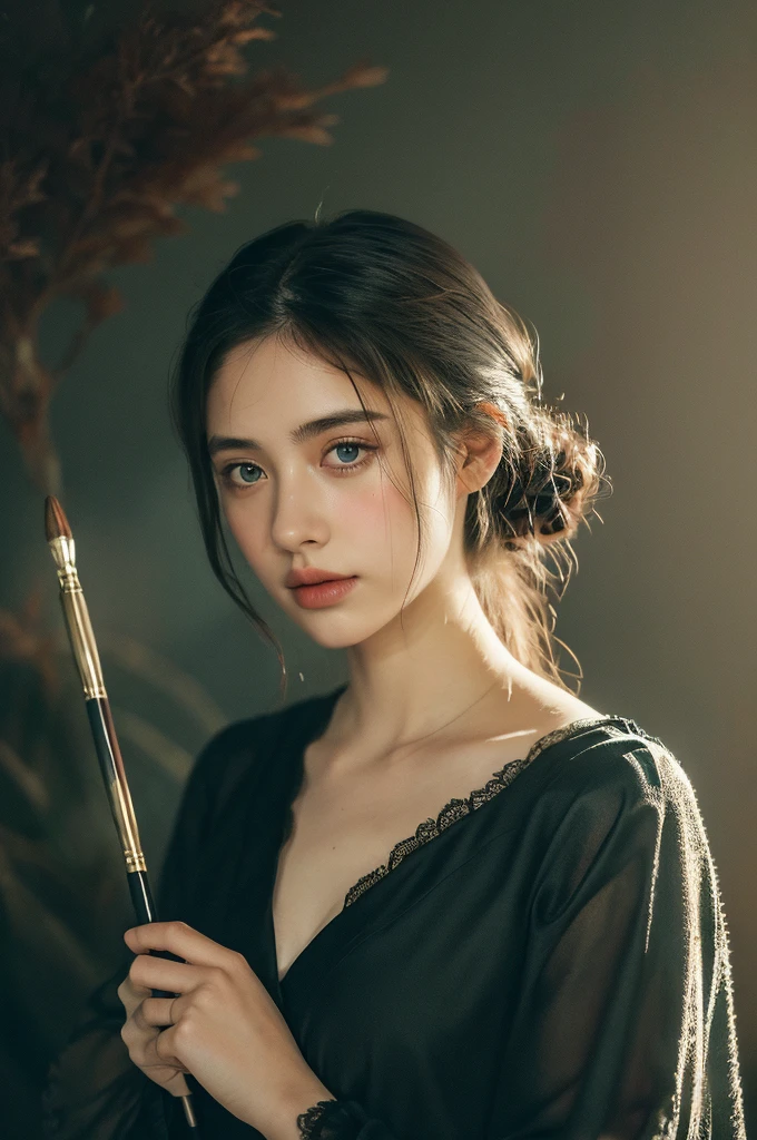 ( masterpiece, top quality, best quality,8k, girl,ultra detailed,raw photo:1.5),(photorealistic:1.4), (cinematic lighting), PerfectNwsjMajic, , Surrealism, UHD, ccurate, Super detail, textured skin, High detail, Best quality, dynamic angle, White skin,[Beautiful blue eyes], high nose,[flat chest:large breasts:0.5],(1girl),(good anatomy:0.5)), Dreamy atmosphere, Dark-toned background, expressive brush strokes, mystical ambiance, Artistic interpretation, Stunning Studio Ghibli style costumes, a whimsical illustration, Subtle colors and tones, mystical aura,
