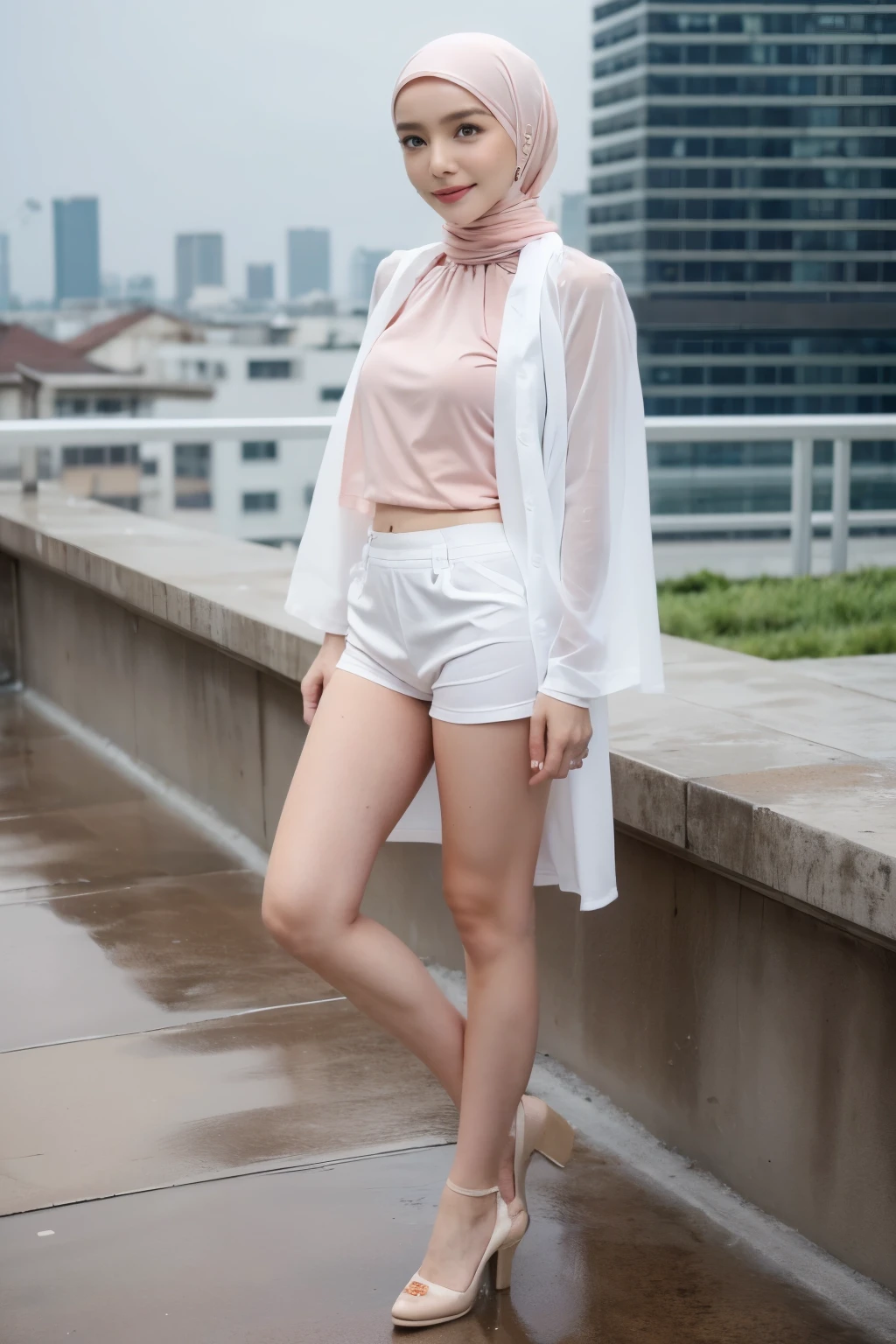 1 lady, wearing a white blouse and pink hijab, short blouse, standing at rooftop, raining heavily, wet clothes, white panties, full body shot