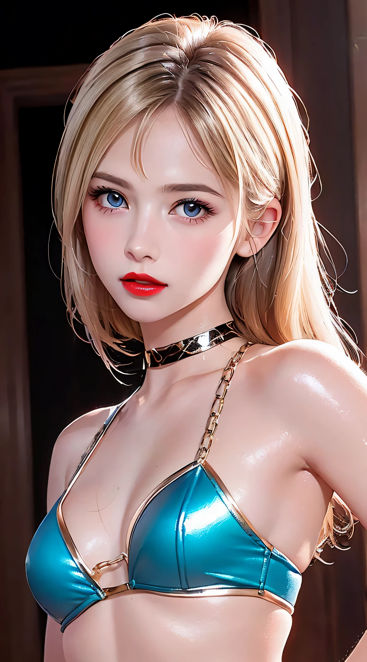 (8K, RAW Photos, of the highest quality, Masterpieces: 1.2), (Realistic, Photorealistic: 1.37),, beautiful (((Japanese cute idle))), ((best quality)), professional lighting, highres, 35 mm lens, f 1/1.4, 18 years old, blonde streaked braid hair, round face, short neck, supergirl, (looking at viewer), (detailed face:1.2), (full body:1.3), (red sparkly plunk lips:1.1), realistic painting, intricate, (realistic eye:0.9), (realistic painting:0.9), beautiful shine blue eyes, (flat chest:0.8), ((small breasts)), smile, embarrassed, strong morning direct light, clean nasal bridge, frozen, soft tits, (sparkly red bikini with loose front opening:1.1), (bound and crucified with mass of chains made of crystal:1.3), armpit, golden bracelets, (many small fine ice crystals:1.1), ribs are faintly visible, bathing, in pool, (shiny skin:1.2), (shiny silky white blonde:1.2), , dark purple eyeshadow, The mouth is visible, Red glowing lipstick, bilaterally symmetrical, open eyes, shoulder armor,
BREAK,
Highest Quality, Ultra High Resolution, light leaks, Dynamic lighting, Slim and smooth skin, (extreme close-up shot:1.3), bright expression, pink, kawaii, cute, young and shiny white shiny skin, Best Looks, Gold reflects light, Platinum blonde hair, Shine brightly, Shiny light hair, (medium hair:1.2), hair tied around her shoulders, silky straight hair, Beautiful bangs that shine, Big blue eyes sparkling, shiny red lips, Like crystal clear, mesmerising, Very nice and lovely 18 year old girl, Lush bust, underboob, Hair is through strong light, (extremely super Erotic:1.25), (Bare chest:1.2), (Small breasts:1.2), Under the breasts, narrow waist, narrow shoulders, gazing at viewer, shiny red bikini, (shiny red knee-high boots:1.4), well-formed, Big smile, very oily skin, hand is thumb and four fingers, outdoors, long eyelashes, round face, (licking shot from below:1.3)