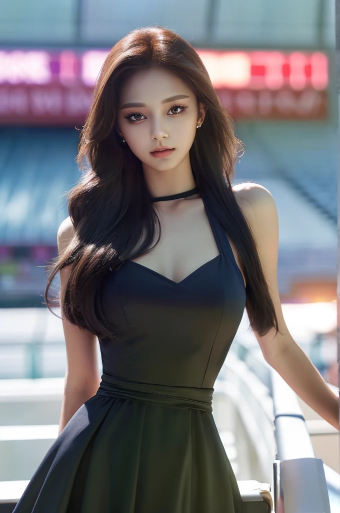 Tzuyu 1, woman, (Realistic), (Hyperrealism), (photoRealistic), Depth of written boundary, eye make up:0.7 (whole body:1.2), (Tight waist), Watching the audience,at the racing track, Race Queen, Sexy dress with open shoulders and chest