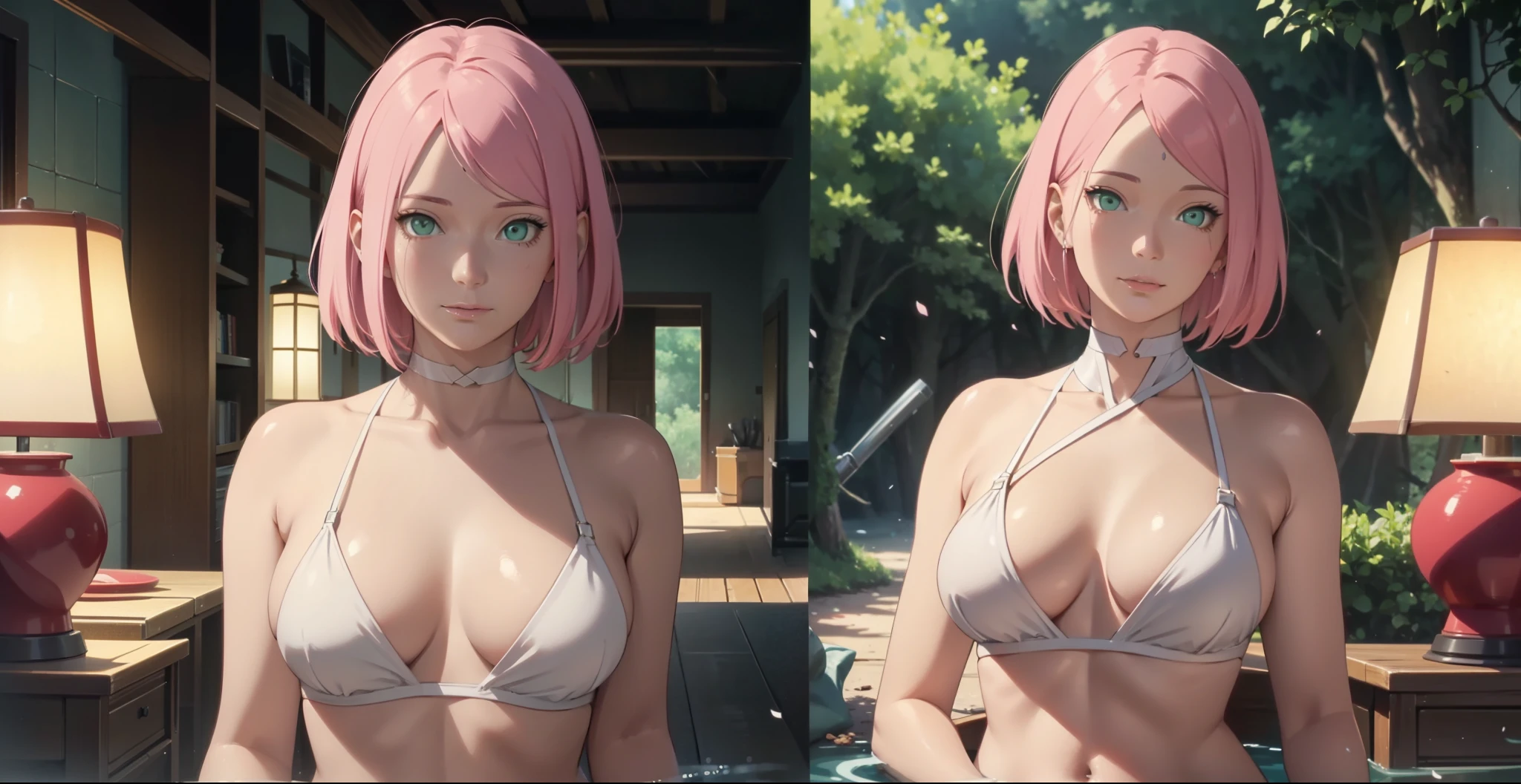full body,landscape, nature background,masterpiece, Cherry blossom forest, (high detal:1 1), Natural skin, high qulity, NSFW, Naruto Sakura,A pink-haired,short detailed hair,Green eyes,(Large breasts:1.2),(Off-the-shoulder attire:1.5),Leaking out of the shoulder,(bikini:1.5),(ssmile:1.2),Be red in the face,(cleavage:1.4),Sexy figure,perfect bodies,white clothes,beautidful eyes, (Detailed face and eyes), (the face: 1 2), noises,Extra, real photograph, .................PSD, Lamp film photography, sharp fokus, contrasty lighting, Delicate skin, High resolution 8K, insanely details, realisticlying, professional photoshooting, 8K UHD, SLR camera, softlighting, high high quality, filmgrain, Fujifilm XT3,magic,particle fx