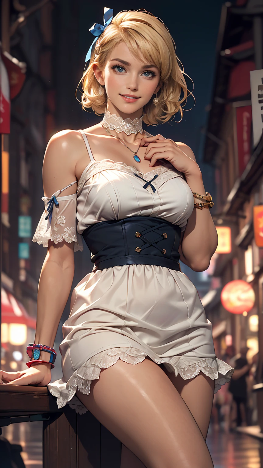 (8K, RAW Photos, highest quality, masterpiece:1.2), (Realistic, photo-Realistic:1.37)、fashion model body shape、Having her hair done、My chest is popping out、Wear accessories on your wrist、Wearing accessories on the ankle、Background blur((depth of field)、smile、White woman、Platinum Blonde、blue eyes、Two Side Up((hair two side up))、Illusion Neck((illusion neck))Wear a dress、Wear mules、smile、hair band((hair ribbon))、Wear a lace choker