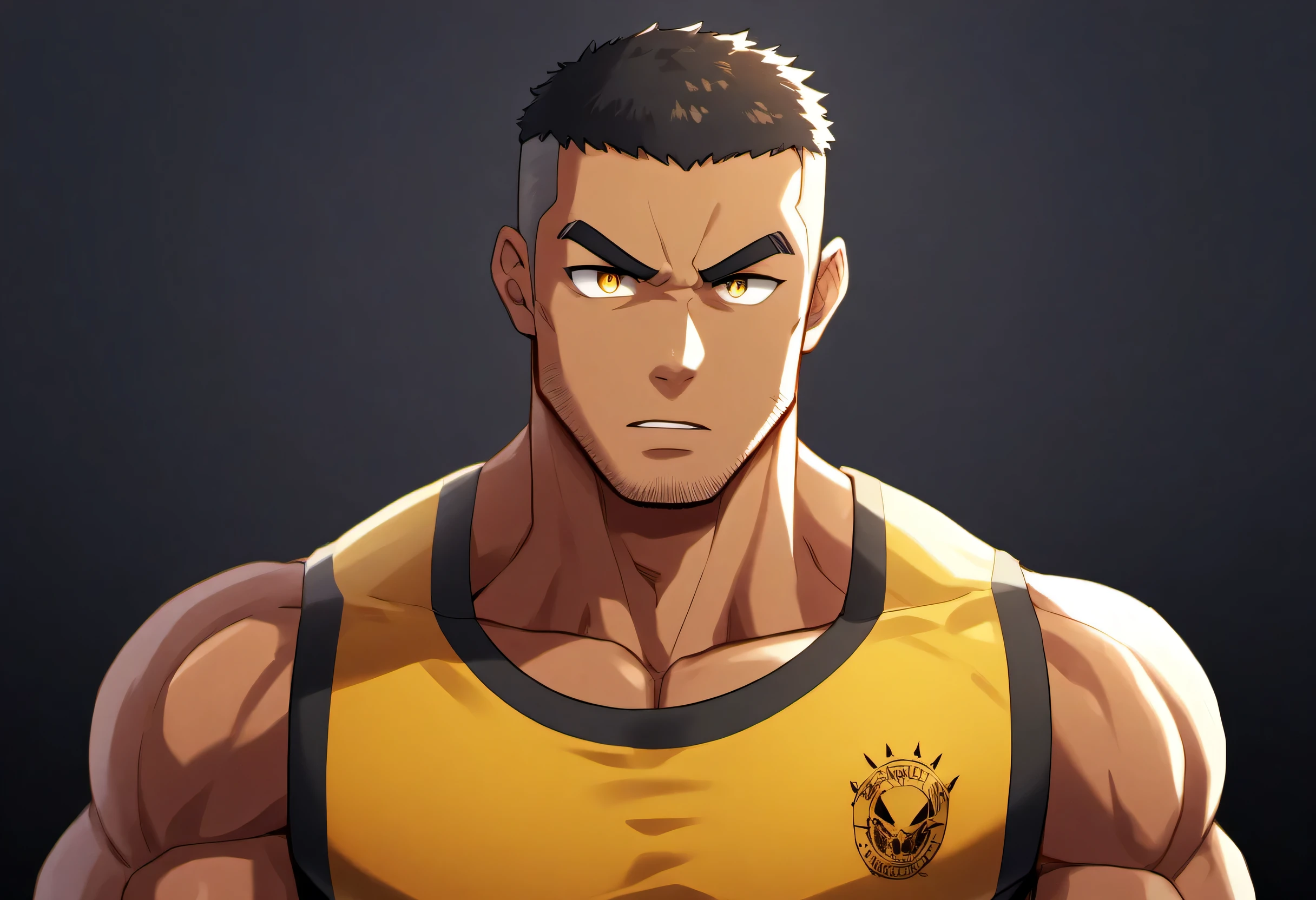 anime characters：Gyee, Fitness coach, Chocolate skin, 1 muscular tough guy, Manliness, male focus, Camouflage sleeveless T-shirt, Very tight, Slightly transparent, muscular male, muscular, only, Upper body, alone, Black short hair, Thick eyebrows, stubble, Yellow eyes, Black background, simple background, amazing quality, best aesthetics, Ridiculous, bright pupils, crew cut, parted lips, v-shaped eyebrows, jitome, drop shadow, best quality