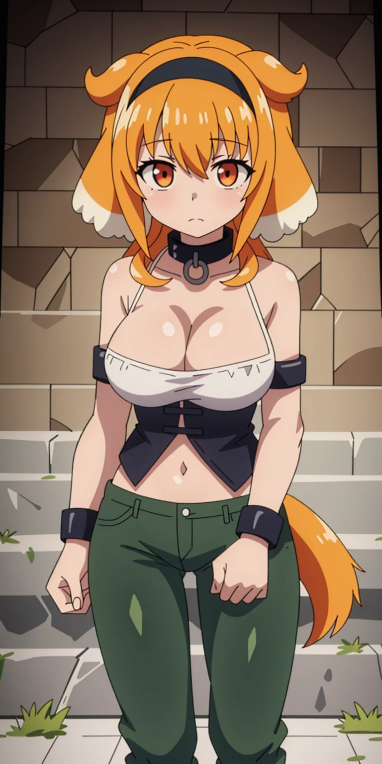 (Roxanne Demin kin 1girl, solo, breasts, large breasts, navel, animal ears, cleavage, tail, hairband, pants, orange hair, collar, dog ears, dog tail, dog girl, black collar, green pants, floppy ears, leather slave collar choker, bracers) (Roxanne | Slave Harem in the Labyrinth of the Other World)