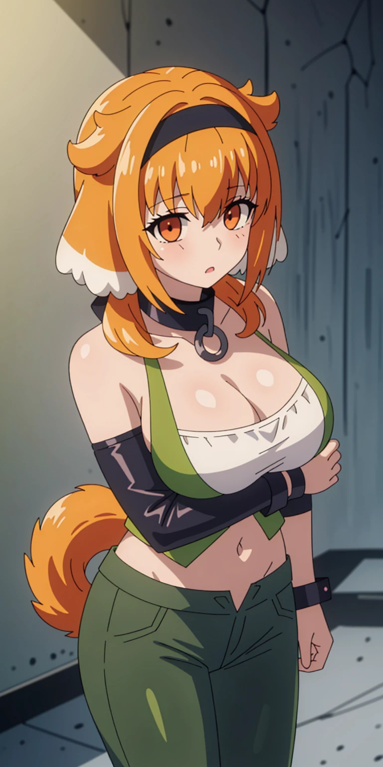 (Roxanne Demin kin 1girl, solo, breasts, large breasts, navel, animal ears, cleavage, tail, hairband, pants, orange hair, collar, dog ears, dog tail, dog girl, black collar, green pants, floppy ears, leather slave collar choker, bracers) (Roxanne | Slave Harem in the Labyrinth of the Other World)