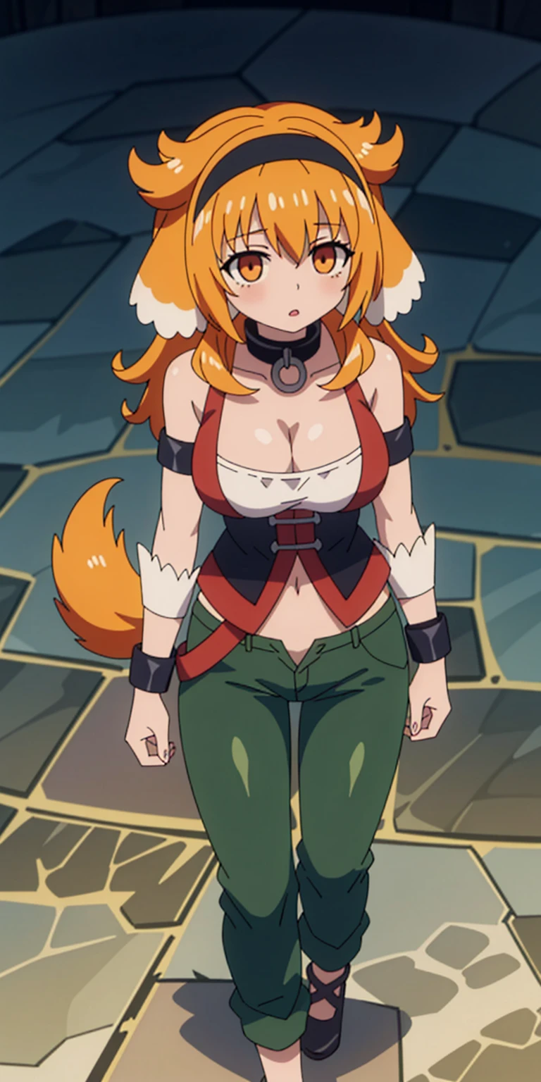 (Roxanne Demin kin 1girl, solo, breasts, large breasts, navel, animal ears, cleavage, tail, hairband, pants, orange hair, collar, dog ears, dog tail, dog girl, black collar, green pants, floppy ears, leather slave collar choker, bracers) (Roxanne | Slave Harem in the Labyrinth of the Other World)