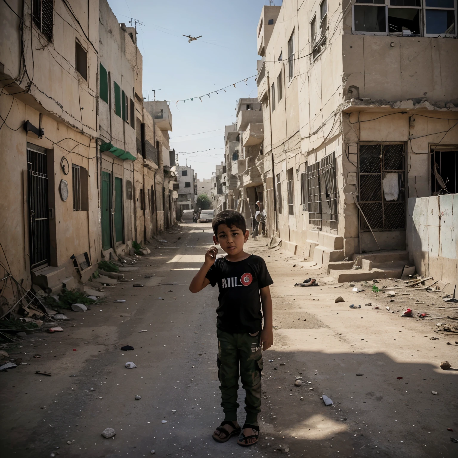 Please create photo for a 7years palestinian kid holding palestine flag and crying in war situation In full screen while bomb flying nearby 